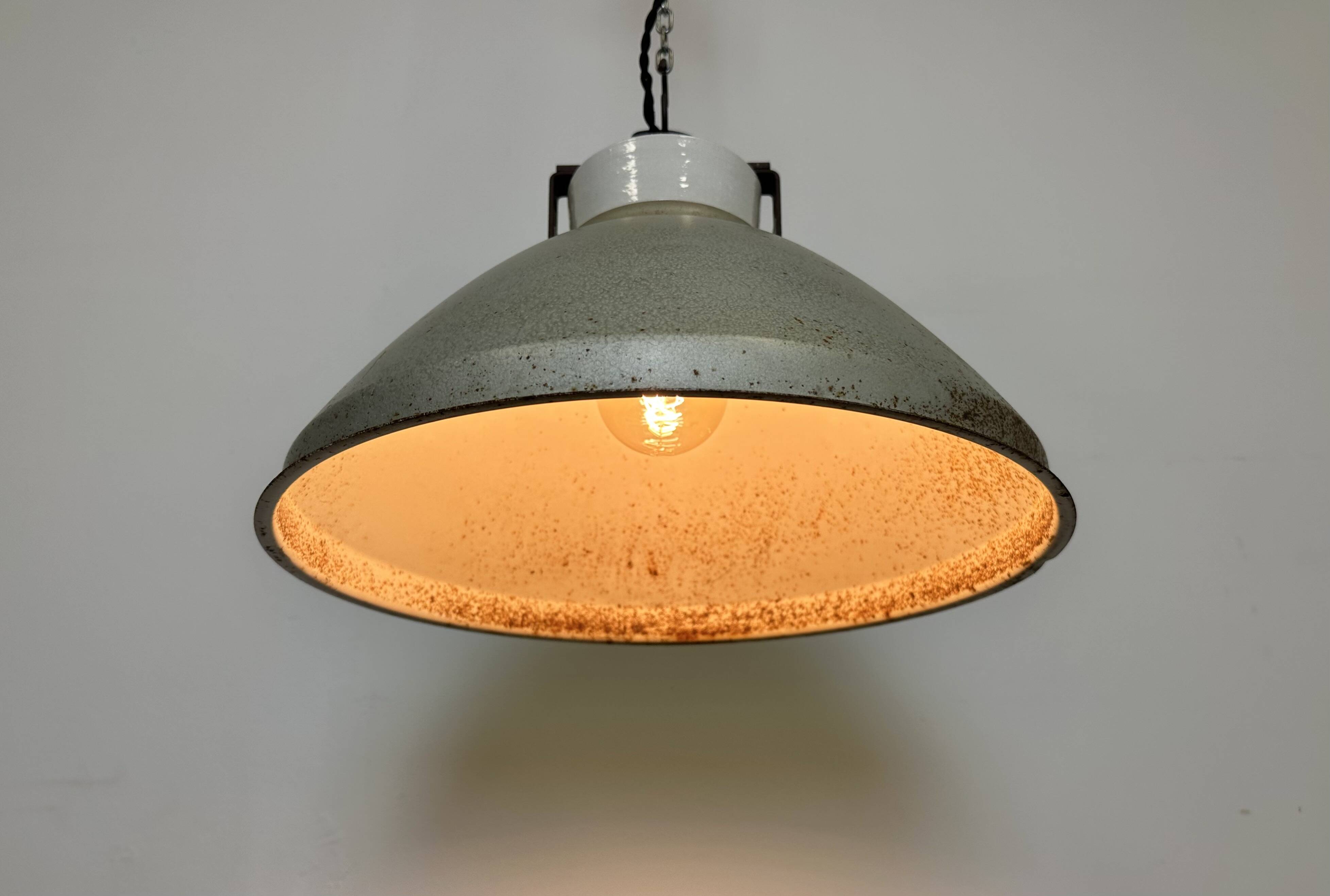 Grey metal industrial factory hanging lamp, 1960s
