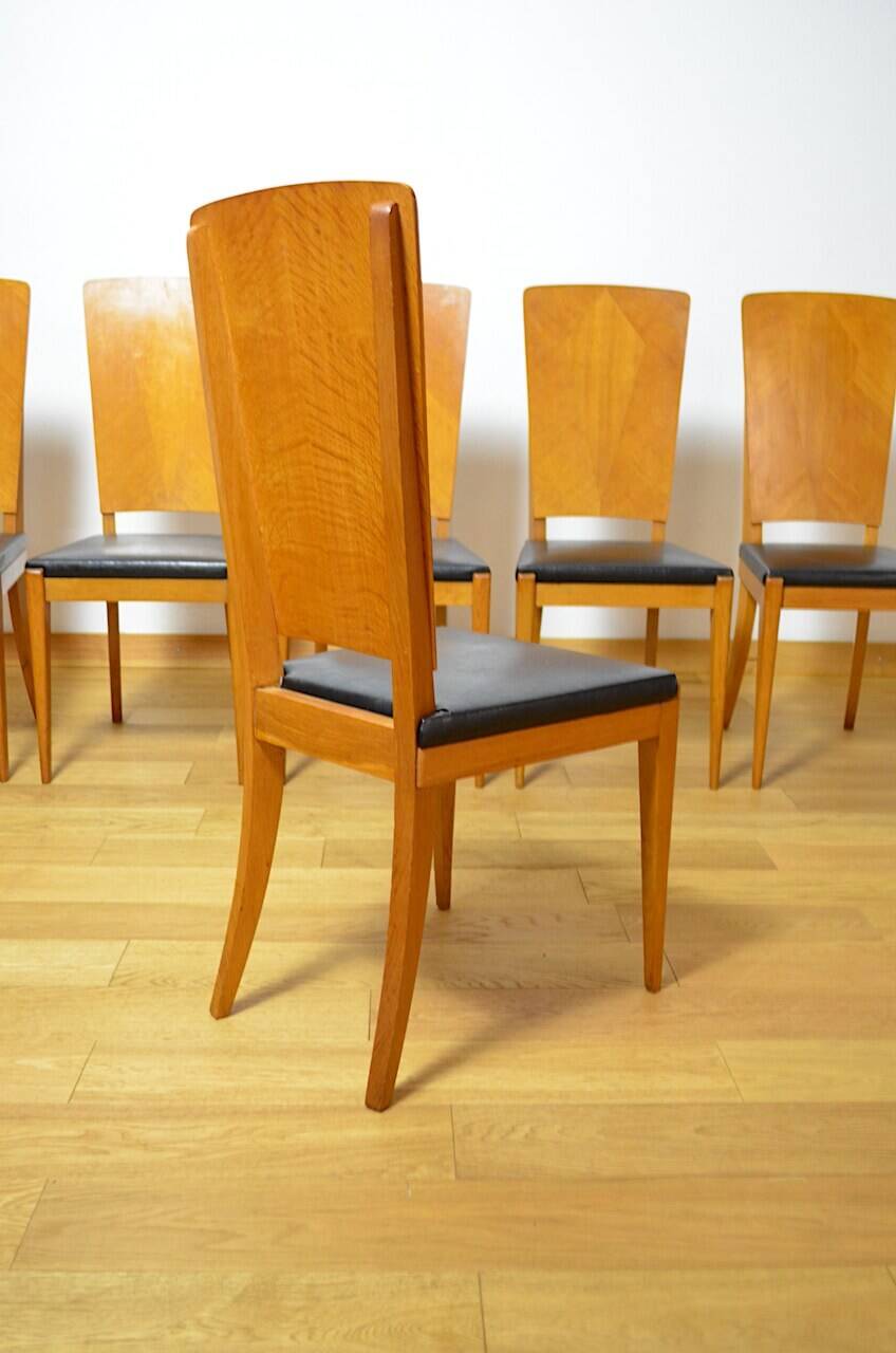 6 Vintage Light Oak Chairs, France 1960