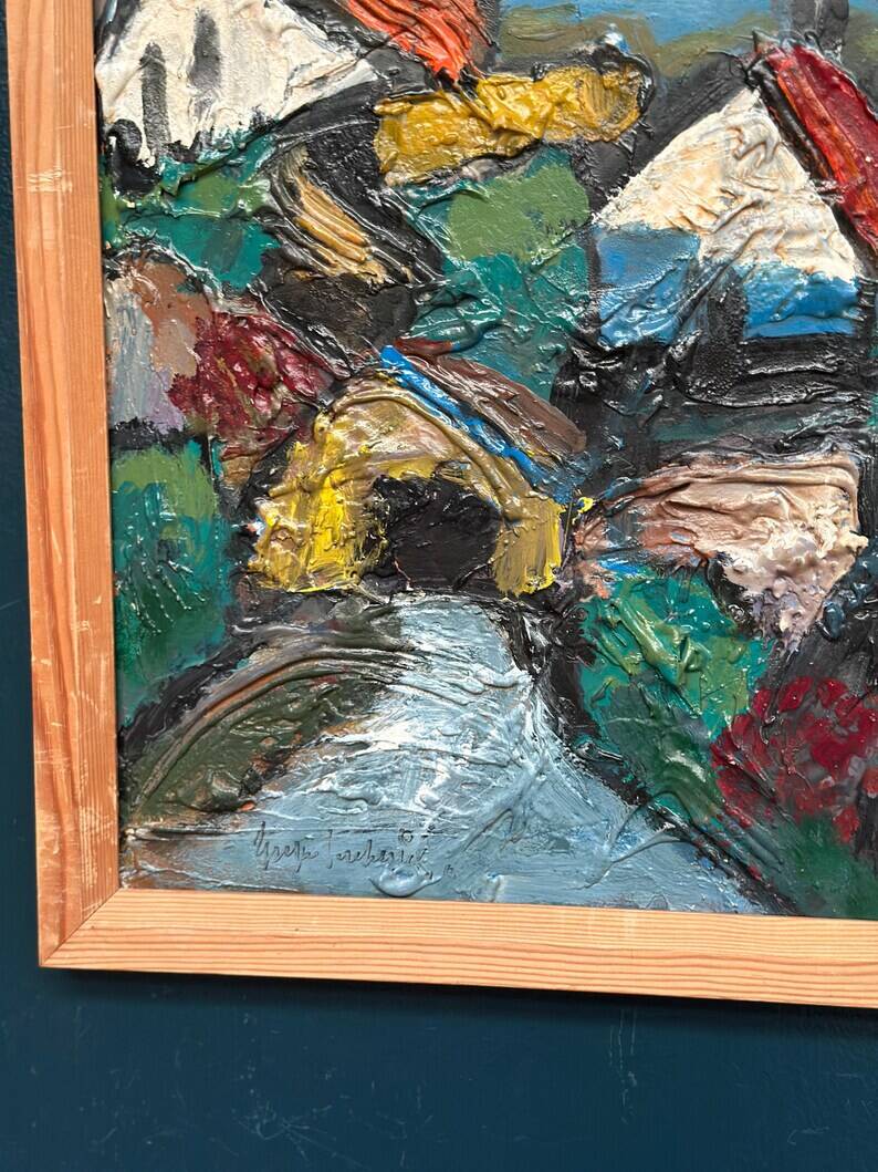 Original Swedish Oil on Panel – "Village Scene (Thick Impasto)" – Signed – Vintage and Framed