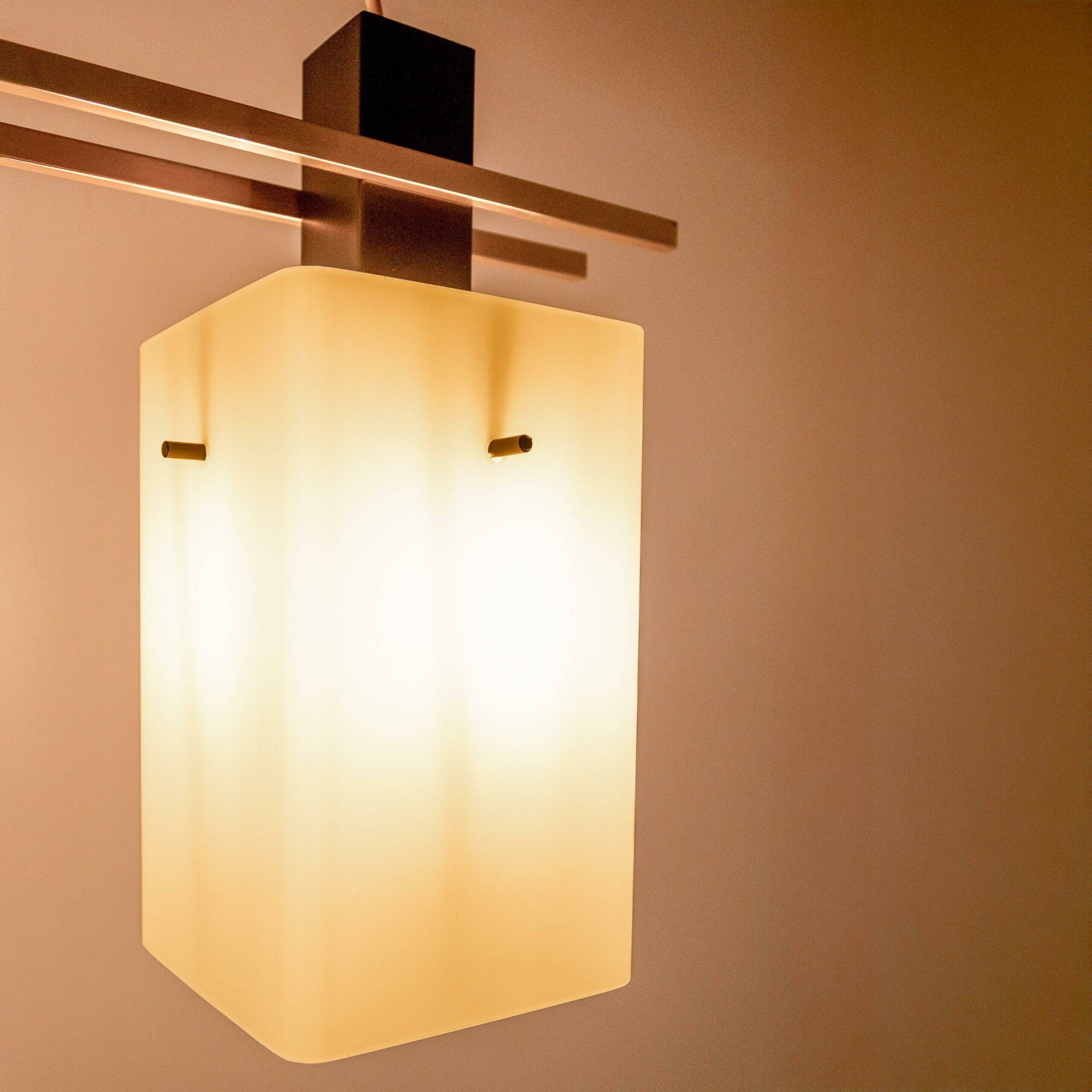 1960s Italian Stilnovo ceiling pendant with opaline glass shades and brass details