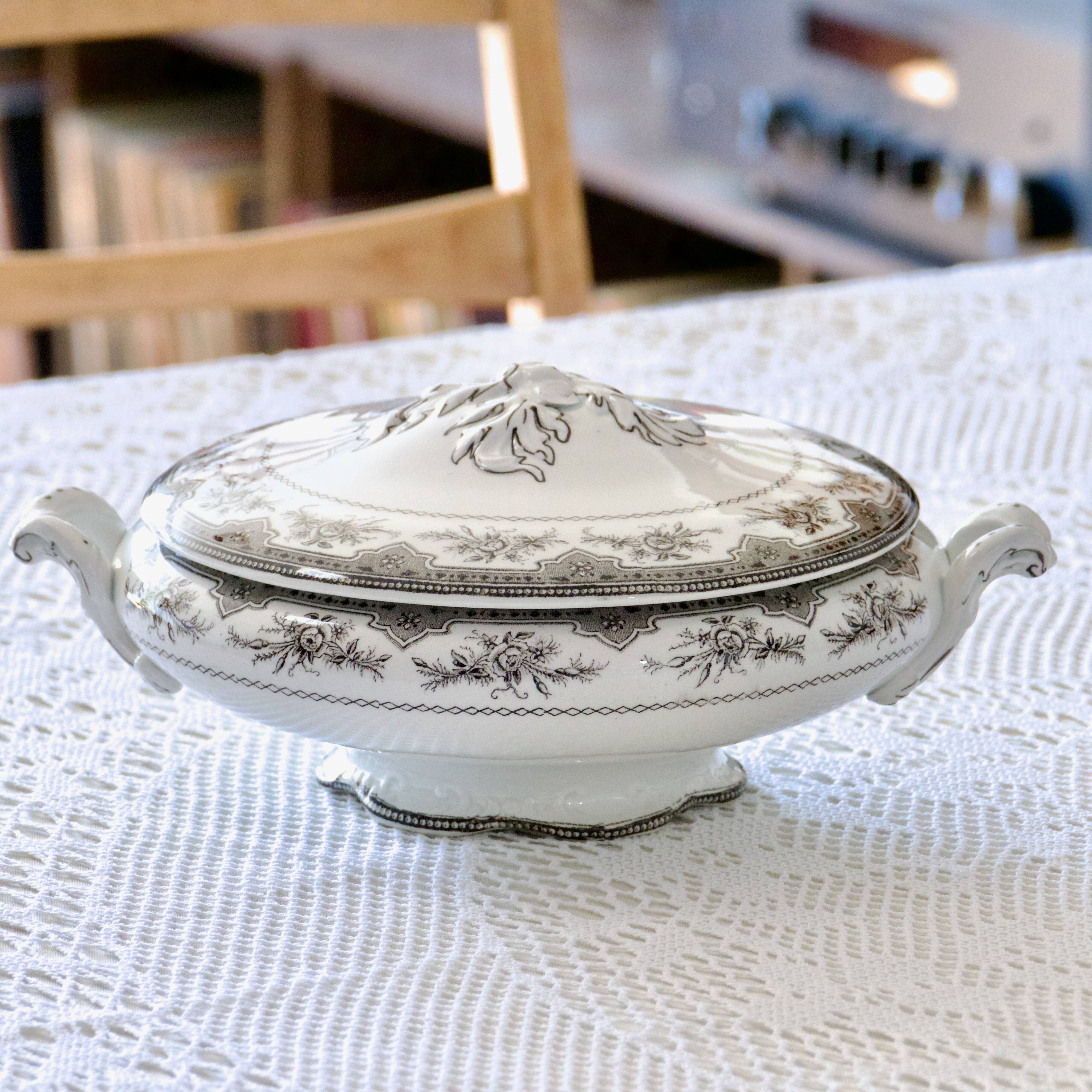 19th century vegetable dish, iron earth Onnaing, sepia, moss roses