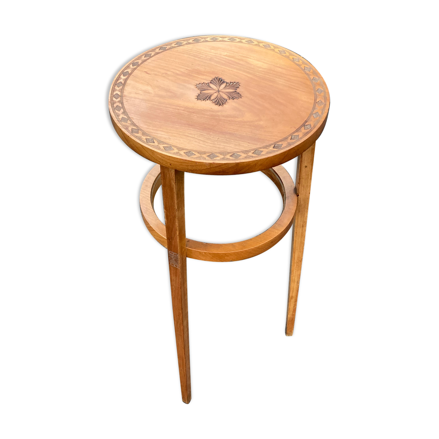 Art Deco Wooden Pedestal Table Carved with Star / Antique Side Table 1930