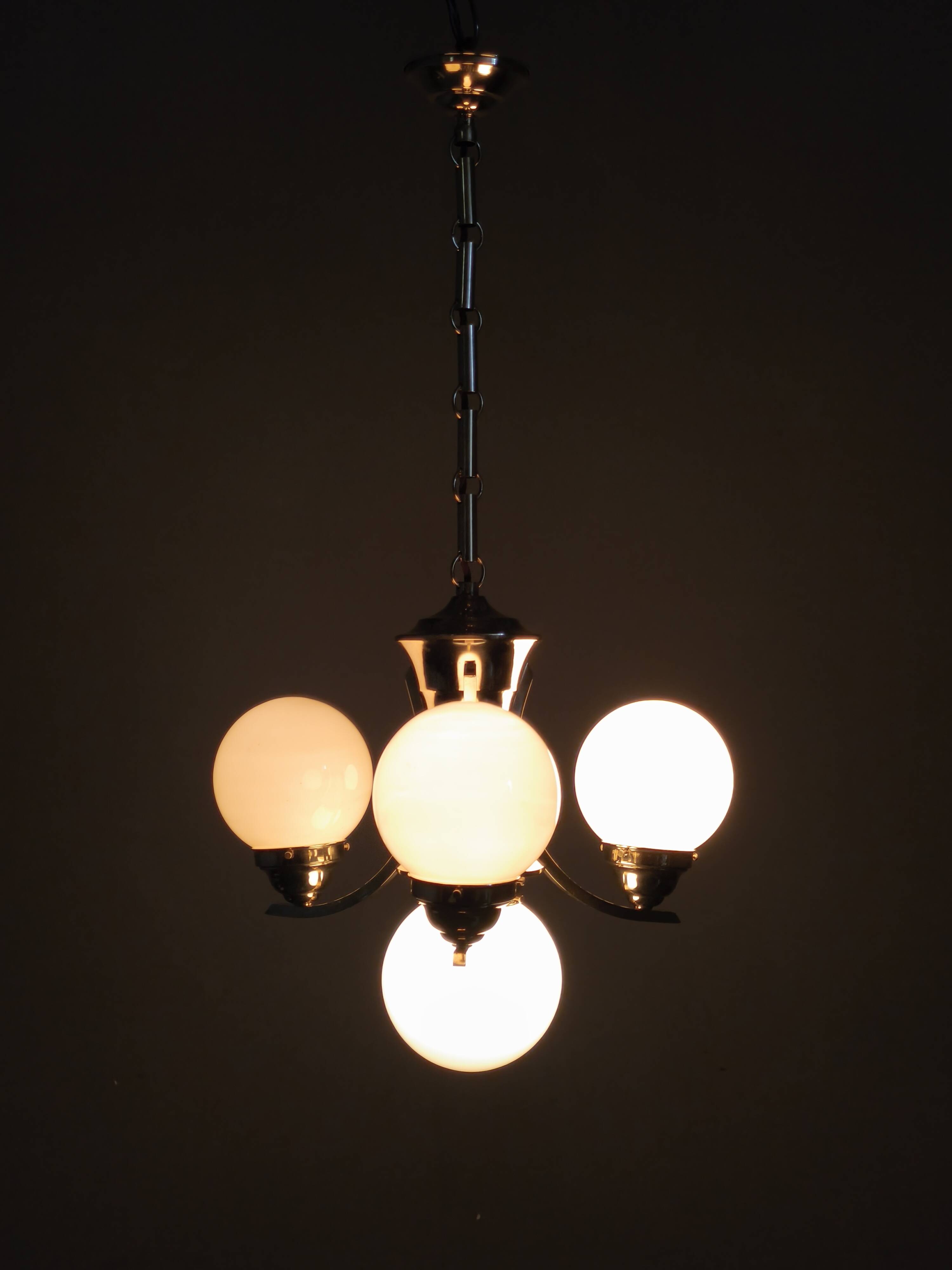 Art Deco Brass and Opaline Glass Chandelier, 1930s