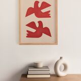 Birds painting 30x40cm red illustration signed Eawy