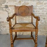 Pair of neo-Basque armchairs, wooden and mulched seat