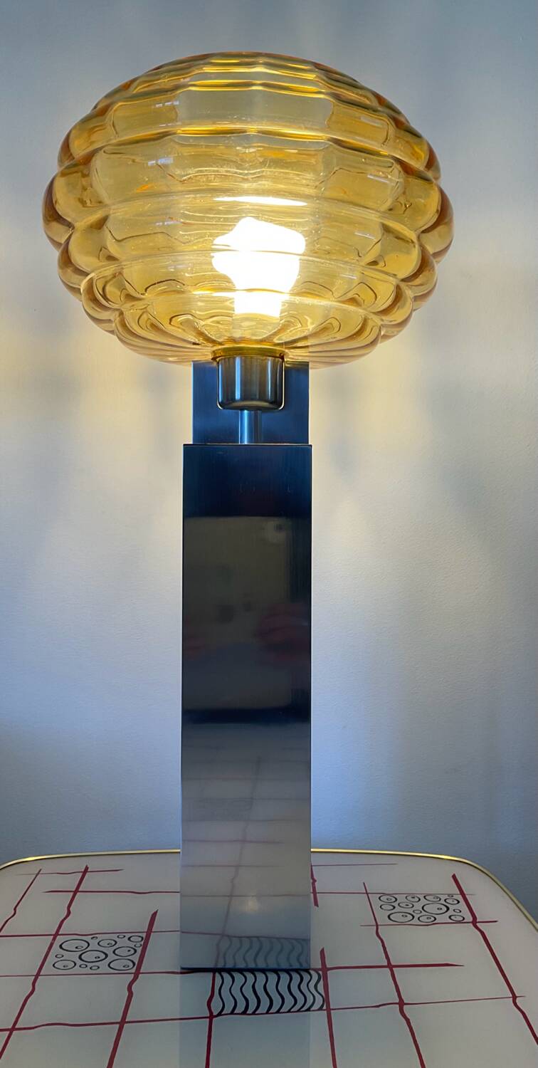 Vintage lamp in amber glass and aluminum