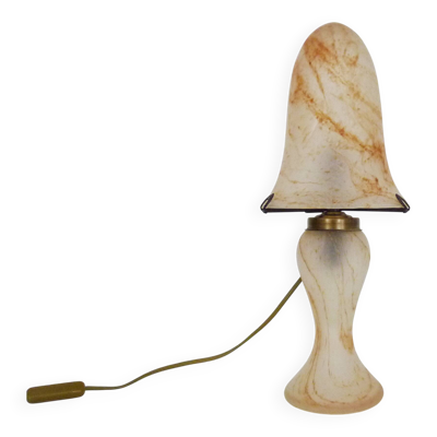 Lampe champignon en pâte de verre transparente tacheté orange à 2 feux