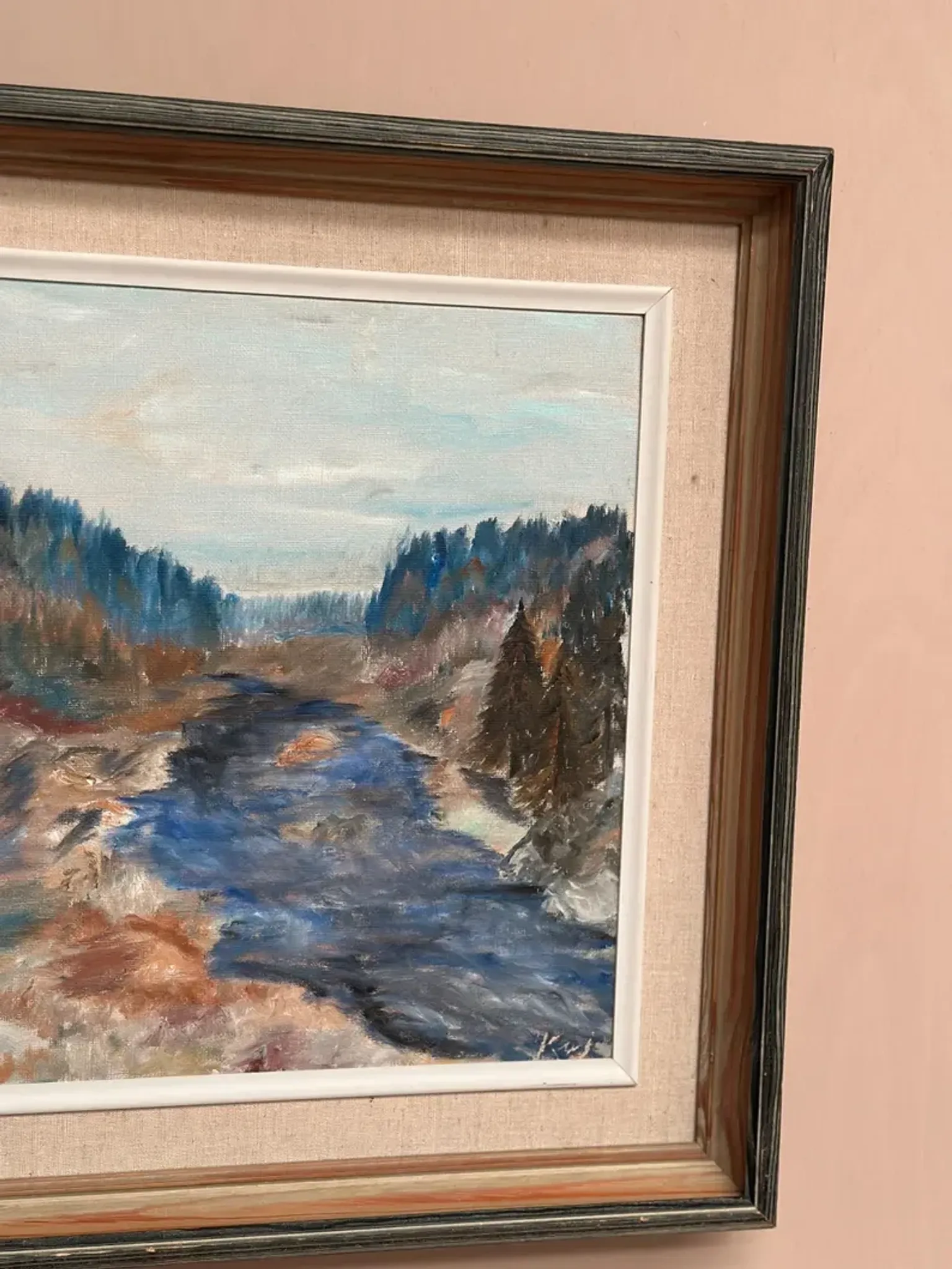 Original Swedish Oil on Canvas – “Landscape with River and Forest” by Kaj – Signed – Vintage & Framed – 60 × 52 cm (23.6" × 20.5")