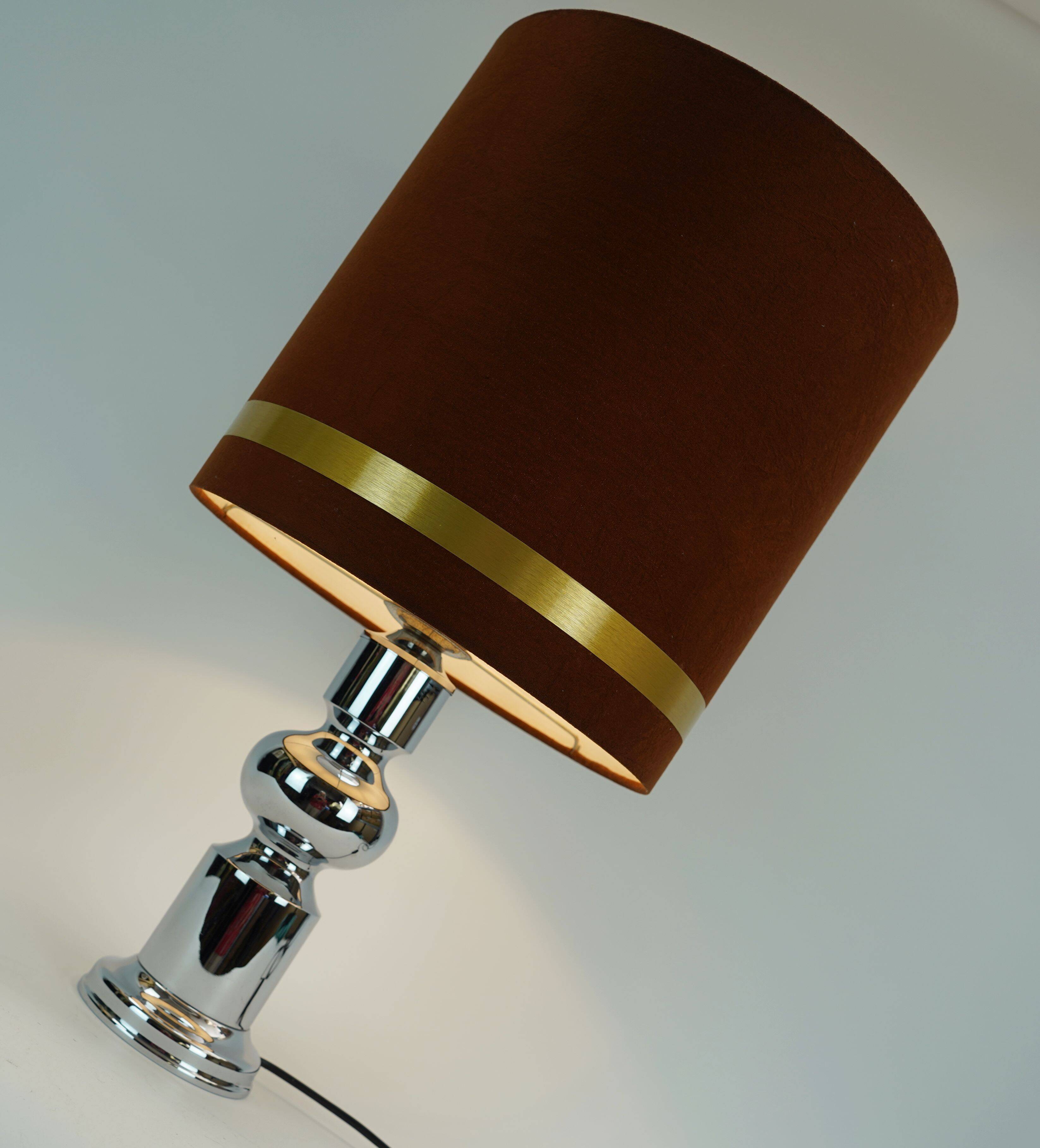 1970s table lamp aro-leuchten chrome base brown velvet lampshade