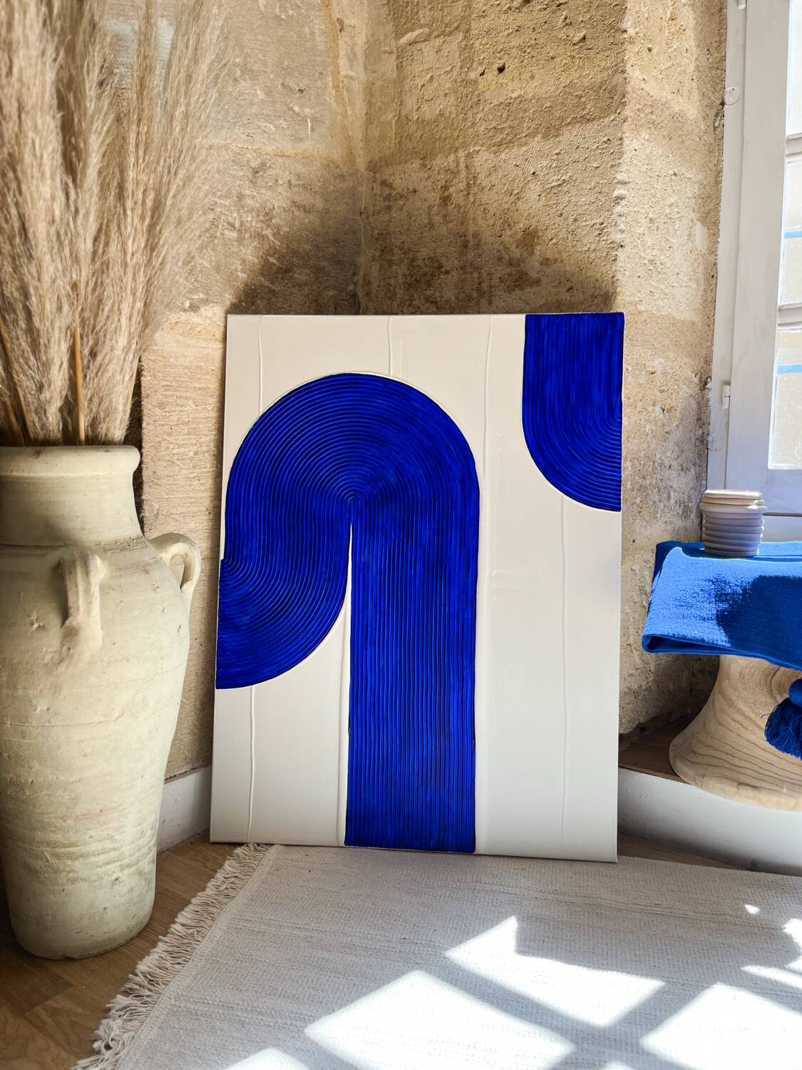 Blue and white relief painting