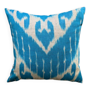 Vintage Silk Ikat Square Cushion Cover, Sky Blue White Arch Medallion 16x16