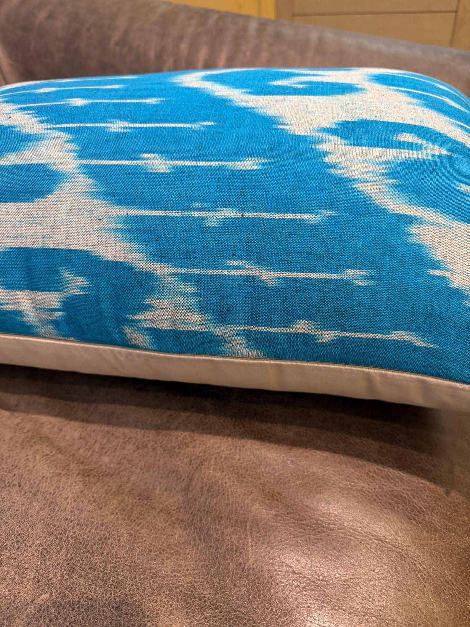 Hand Crafted Silk Ikat Lumbar Cushion Cover, Sky Blue Wave Pillow Case