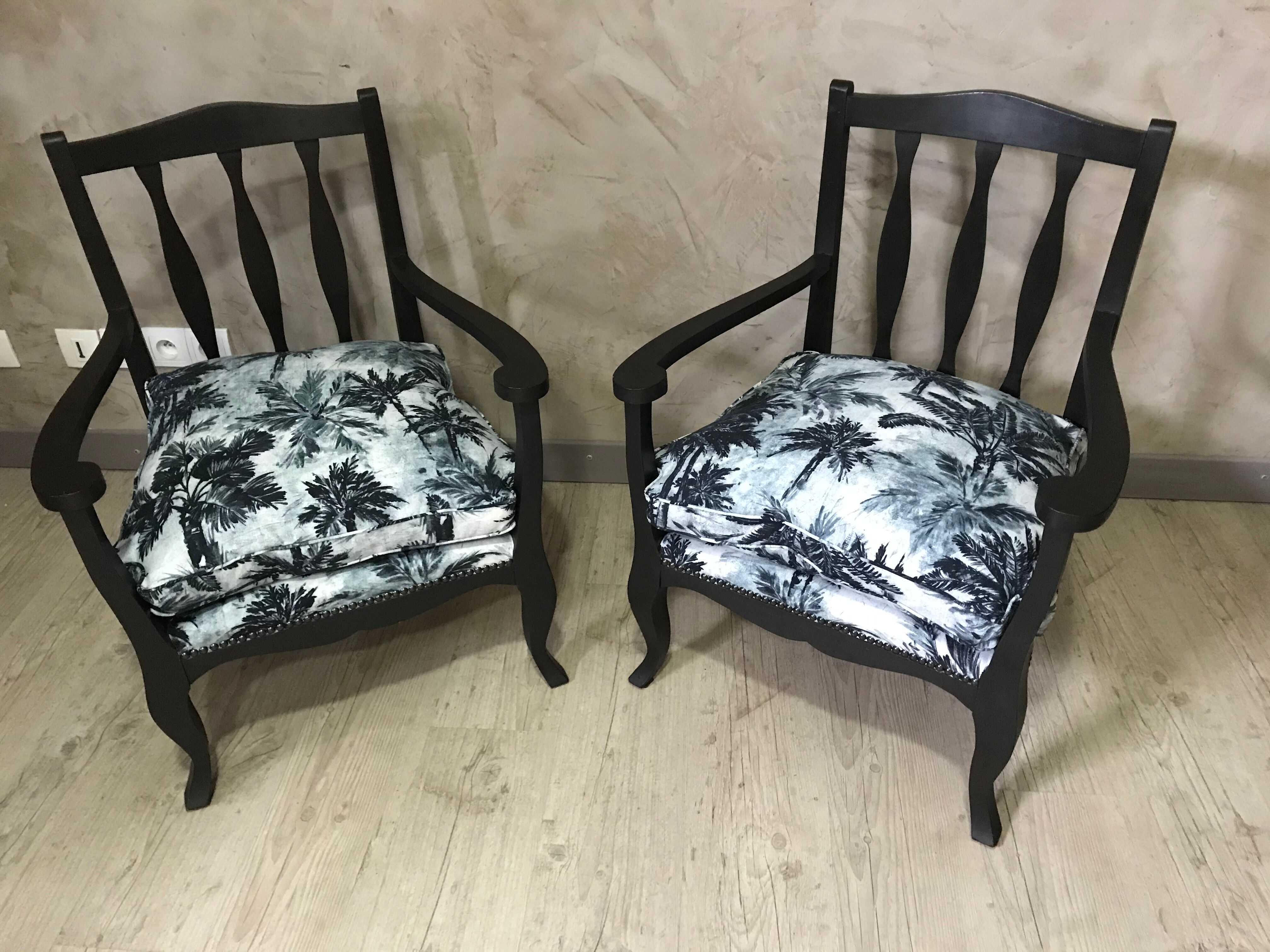 Pair of jungle fabric armchairs