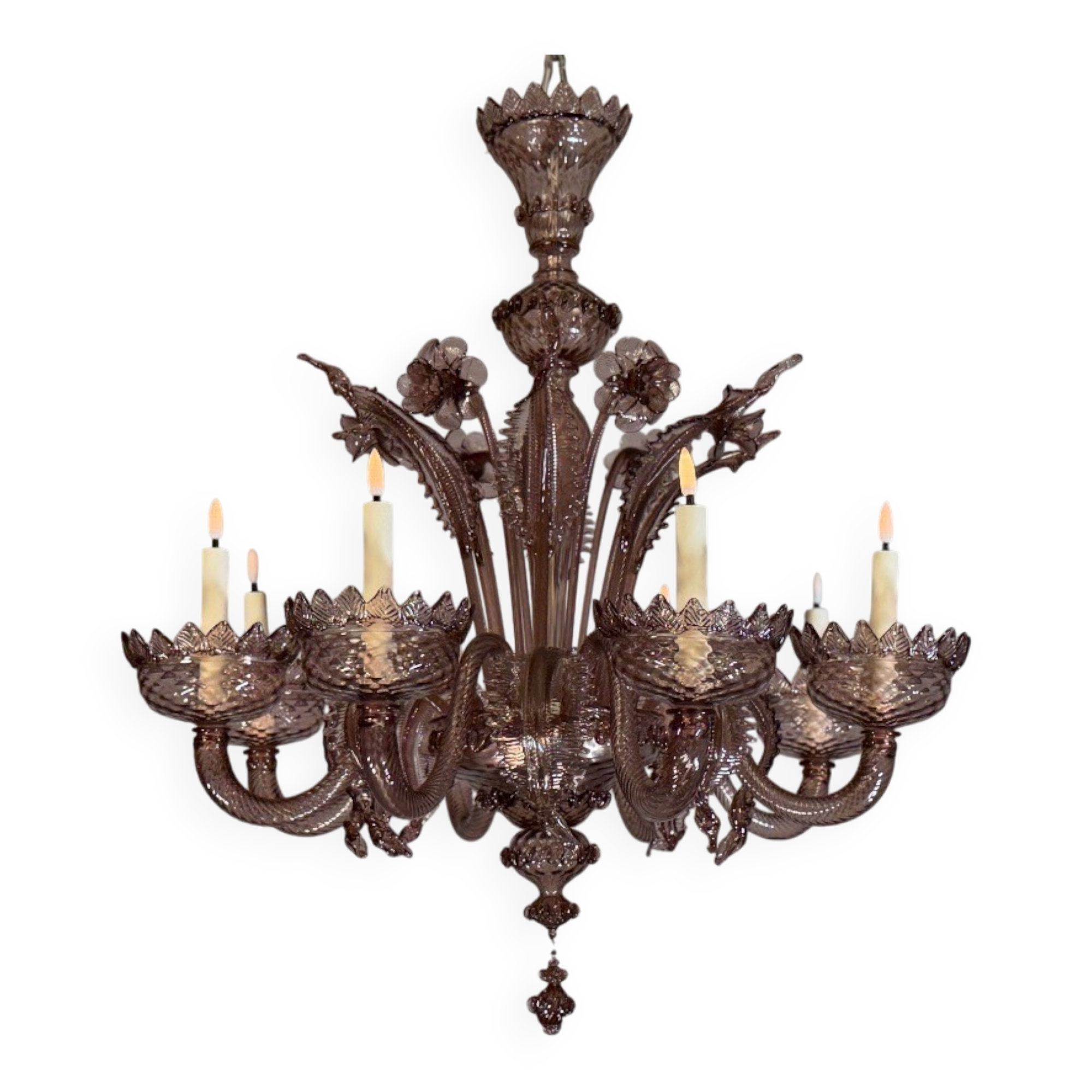 Venetian chandelier in Murano glass in amethyst colour, 8 light arms, 20th century