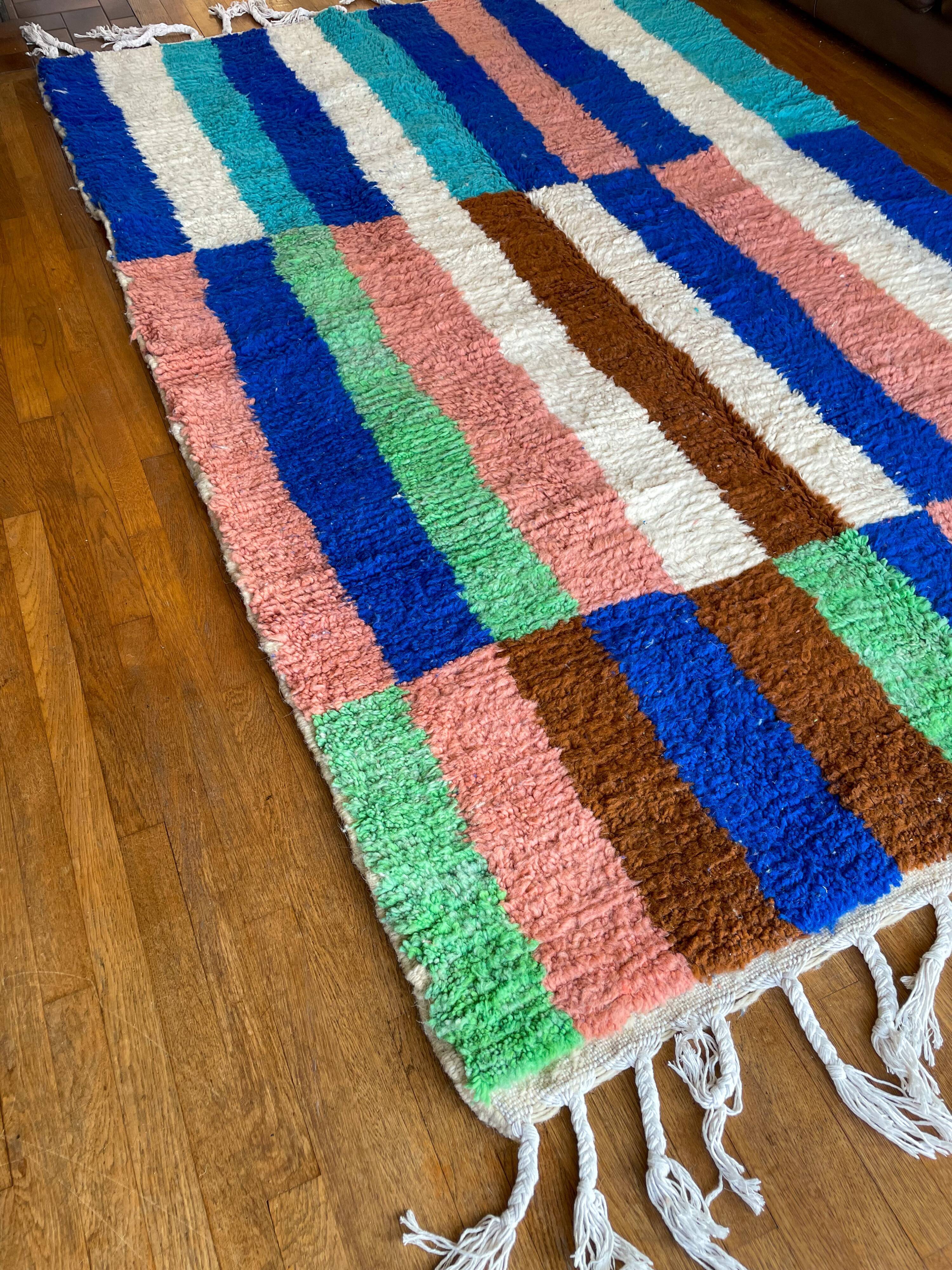 Berber carpet boujad colorful blue majorelle green brown peach