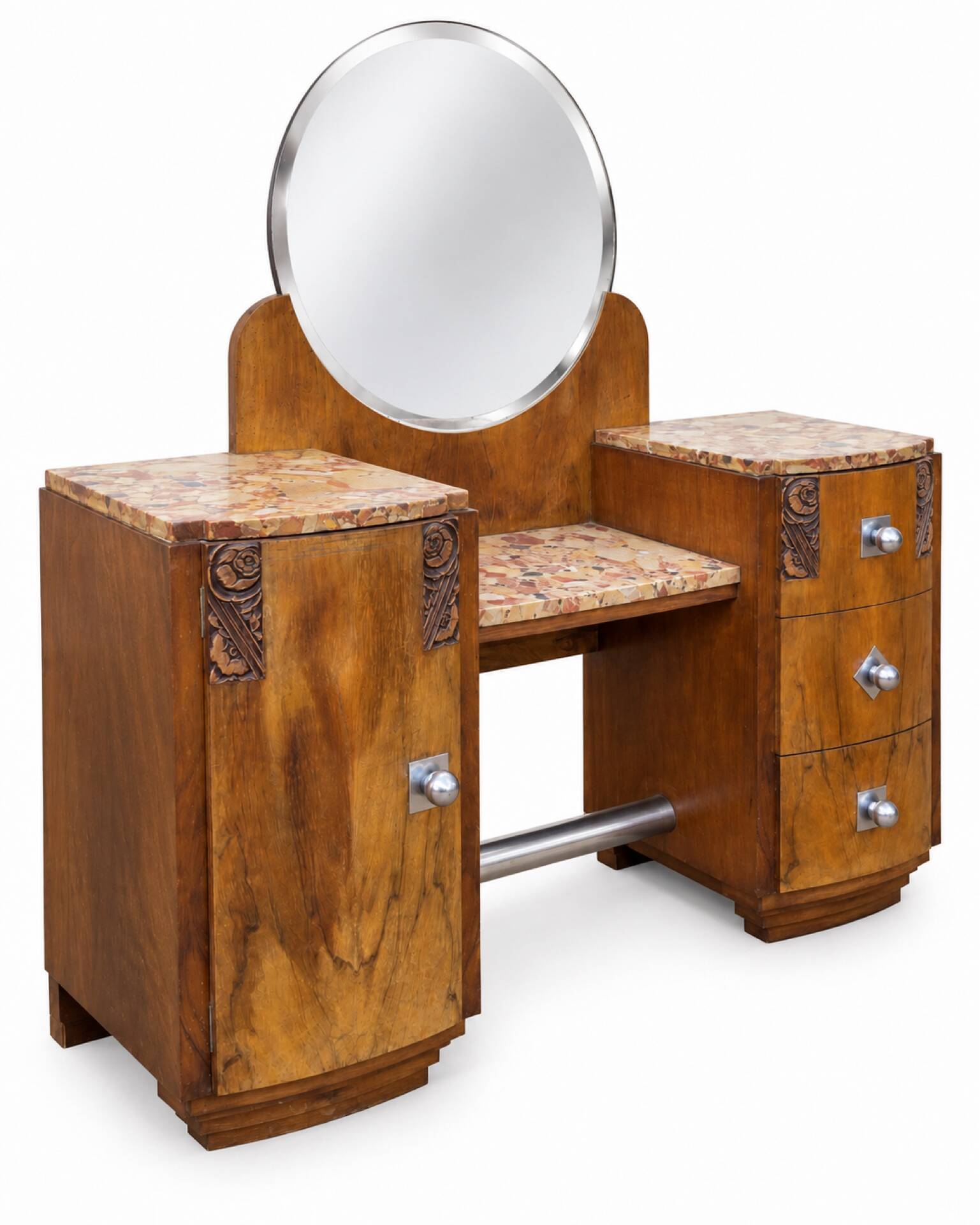 Ensemble coiffeuse 1930 Art Déco en Noyer avec dessus marbre et chevet