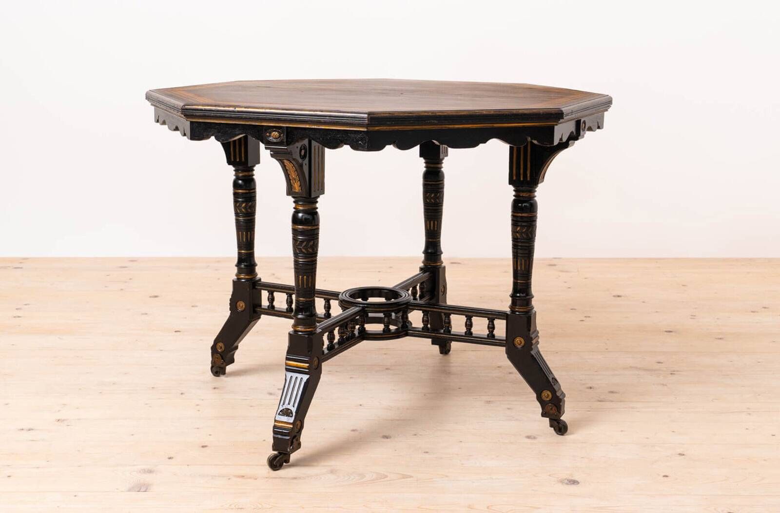 Victorian Ebonized Octagonal Center Table by C. Hindley & Sons, 19th Cent.