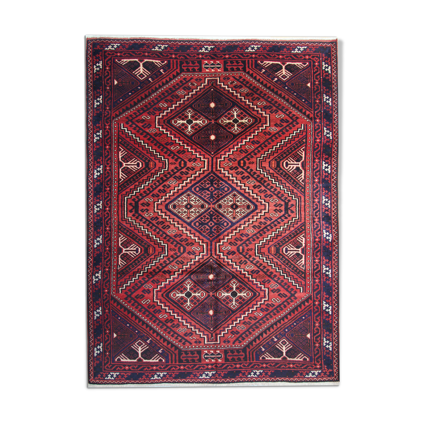 Hand Made Oriental Wool Area Rug, Traditional Red Blue Carpet- 225x310cm