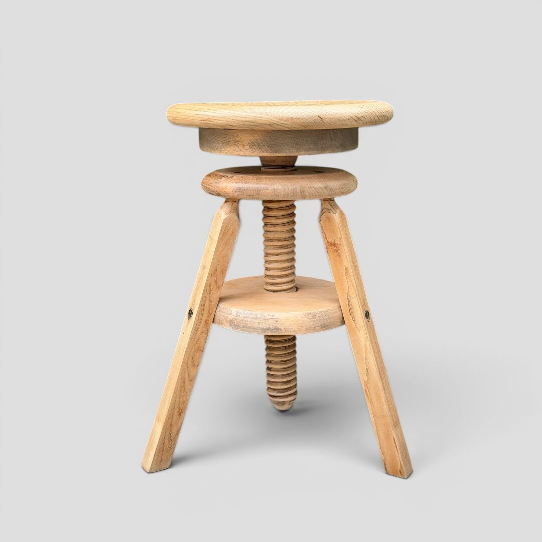 1950s solid oak tripod workshop stool with a screw mechanism.