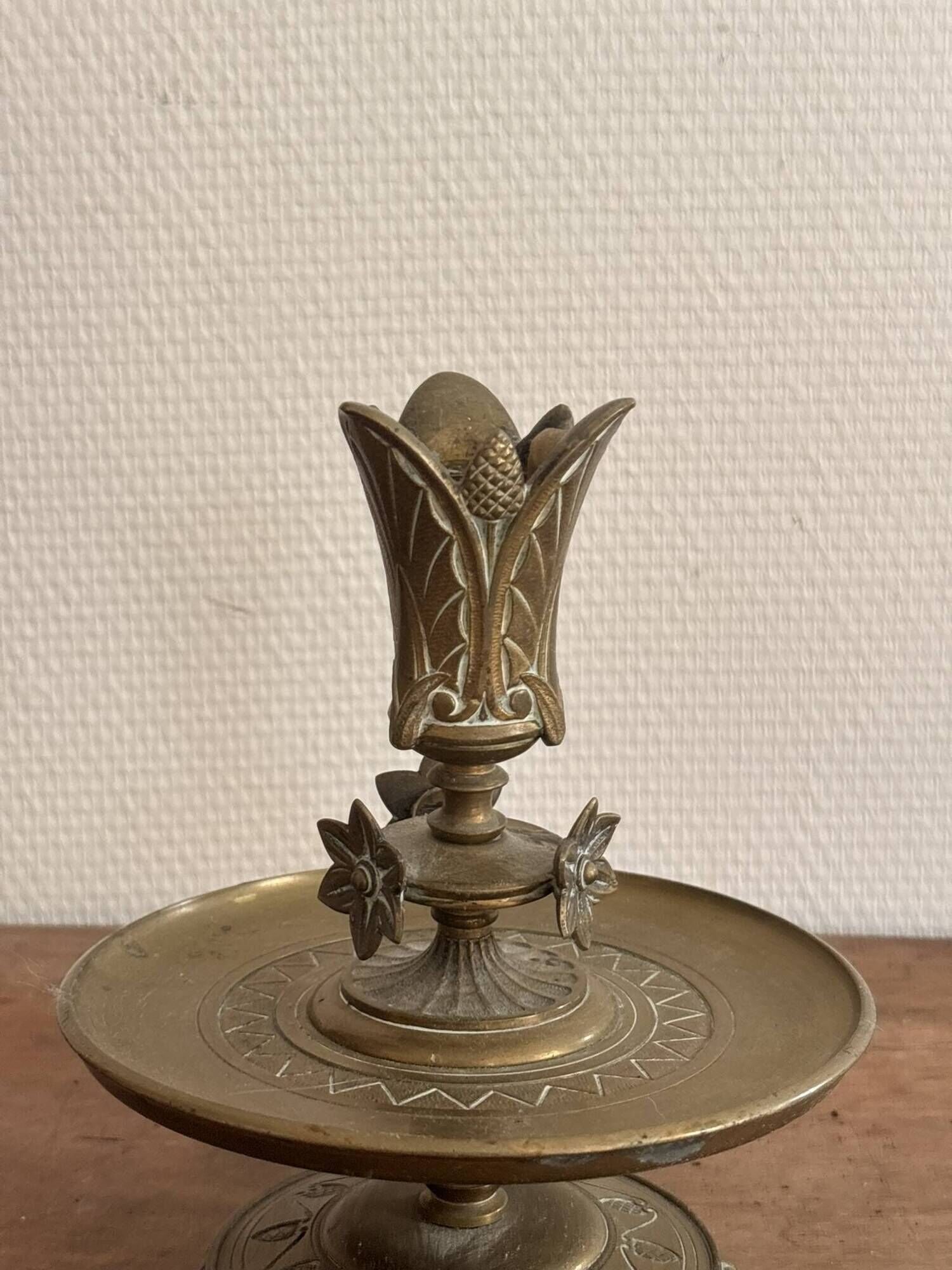 Bronze Carved Floral Lotus Flower Table Candle Holder Neo-Gothic Art Nouveau