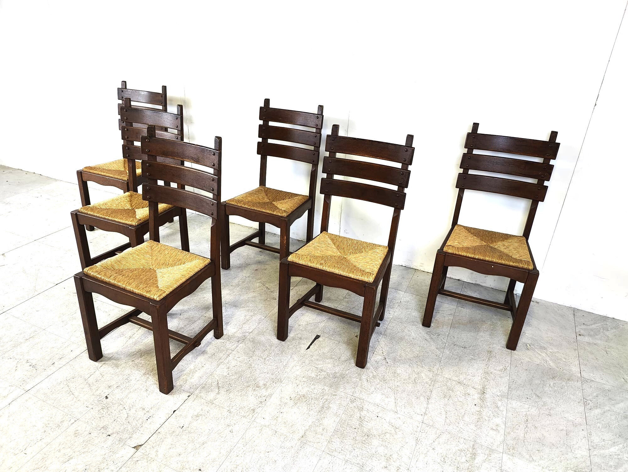 Vintage oak and wicker brutalist dining chairs, 1960s