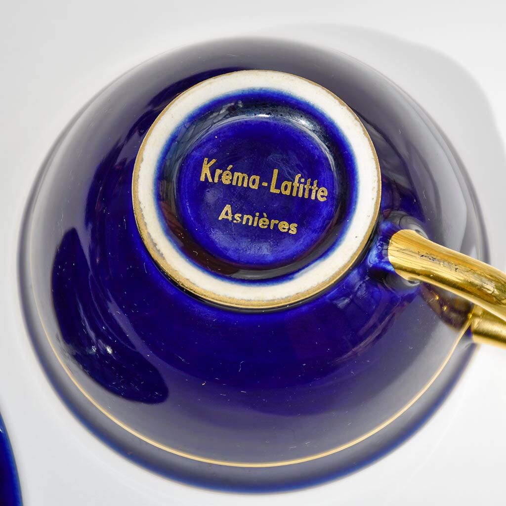 Coffee service Kréma Lafitte Asnières porcelain gold blue ⋆ Brocante Chic