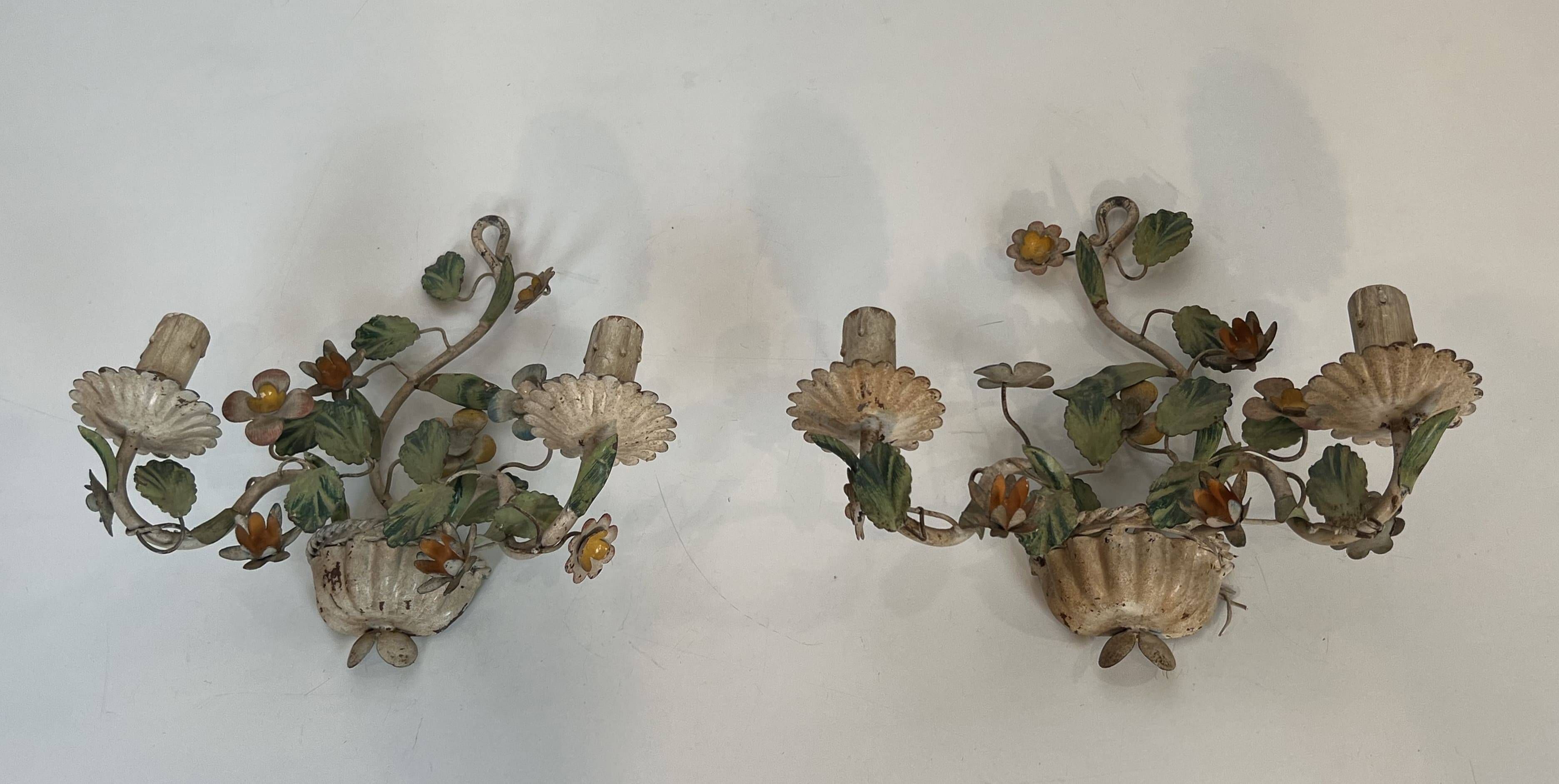 Pair of Wall Lights with Floral Basket in Painted Sheet Metal. Italian Work. Circa 19.
