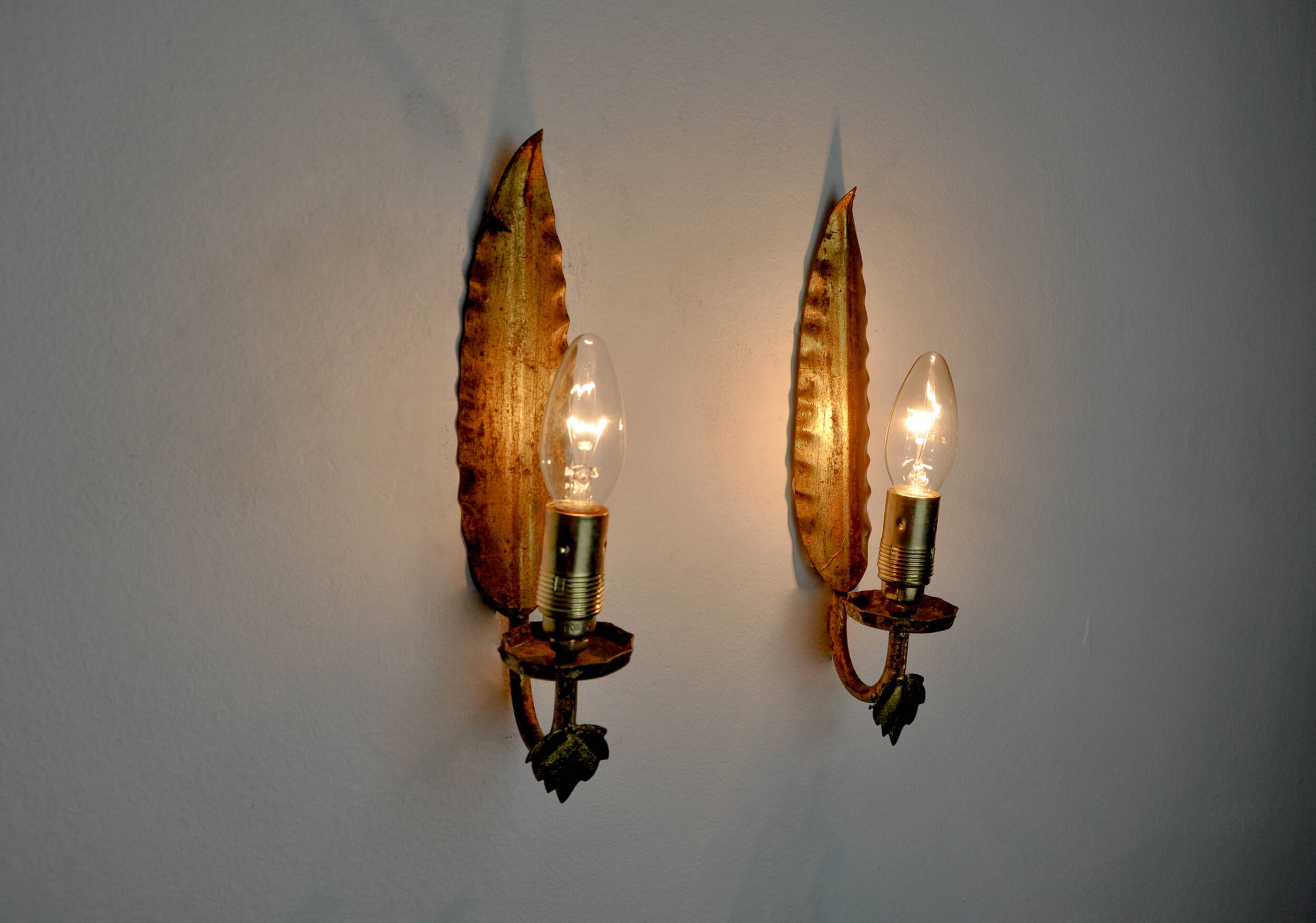 Pair of "leaf" wall lights by Ferro Arte, Spain, 1960