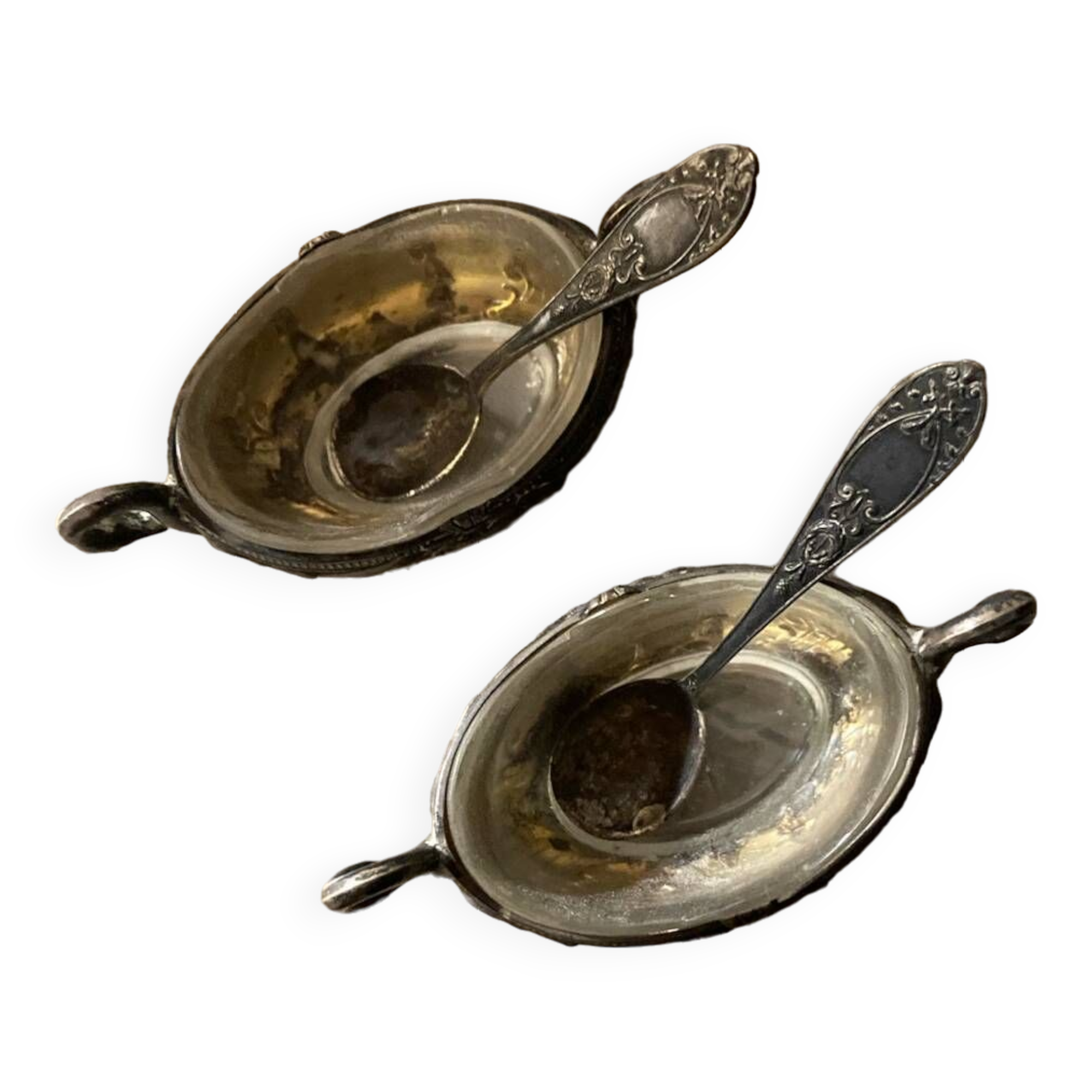 Salt and pepper shakers with silver spoons