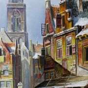 Large painting urban scene oil on wood framed John Haanstra vintage