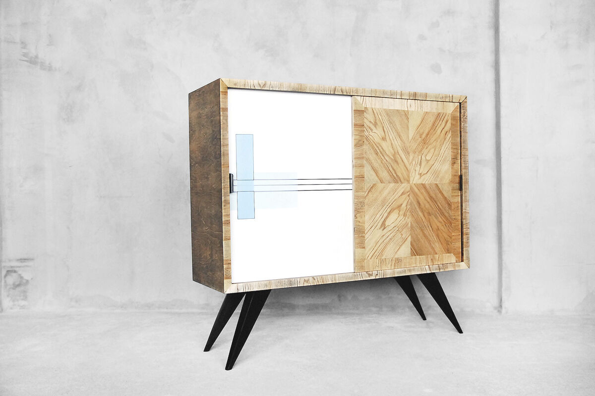 Mid-century Tall Vintage Ash Cabinet with Hand-painted Pattern, 1960s