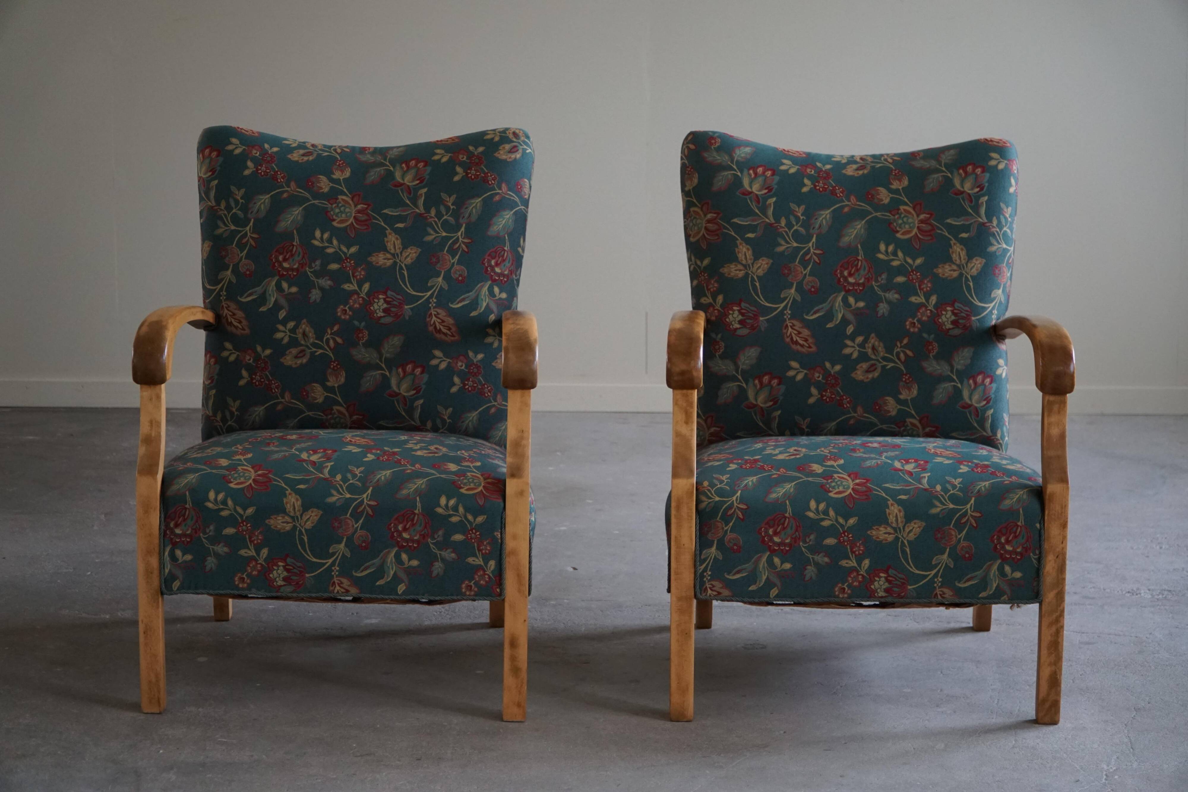 Danish mid-century modern, pair of beech armchairs with original fabric, 1960s.