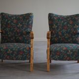 Danish mid-century modern, pair of beech armchairs with original fabric, 1960s.