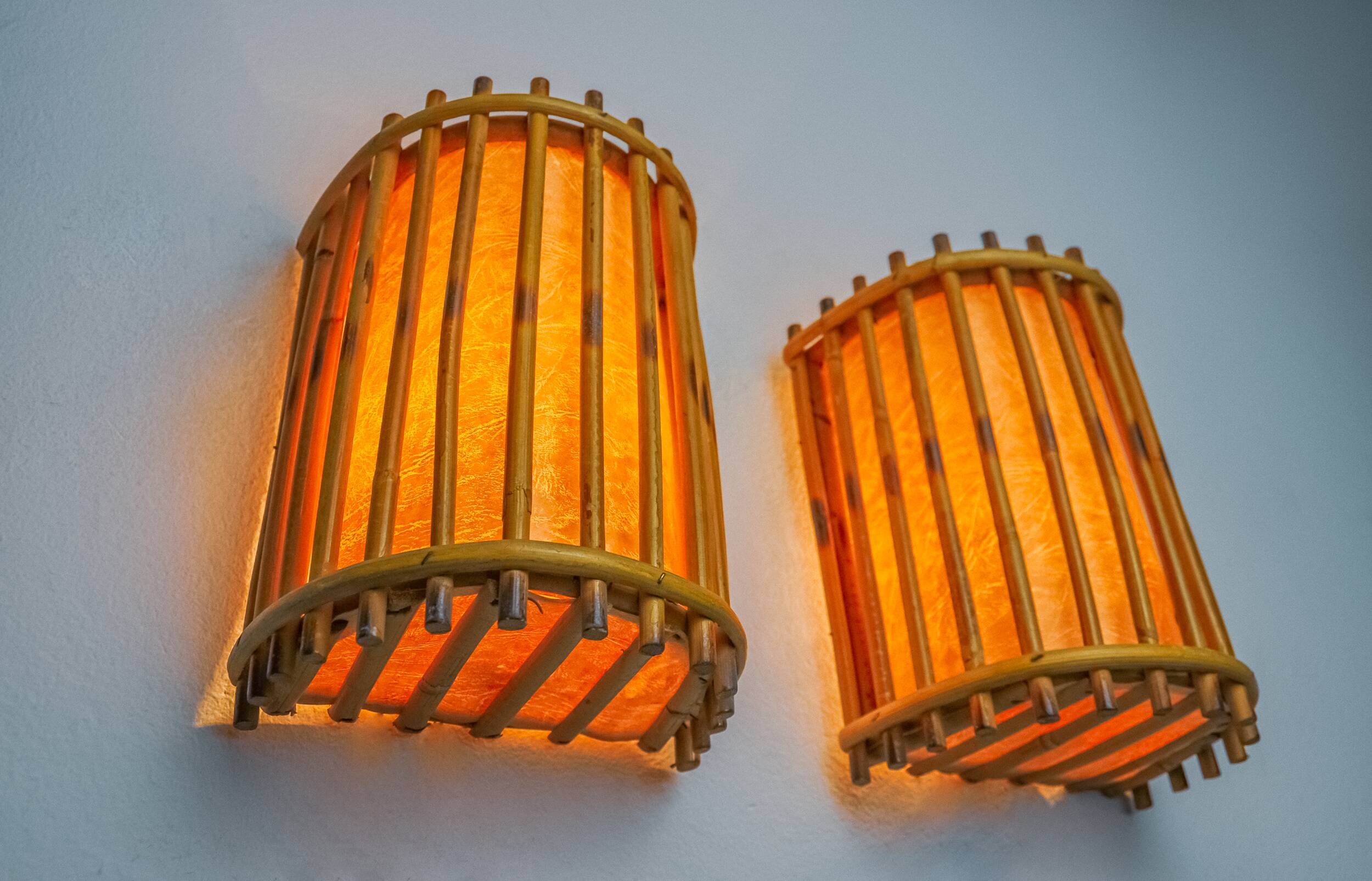 Pair of rattan wall lights, France, 1960