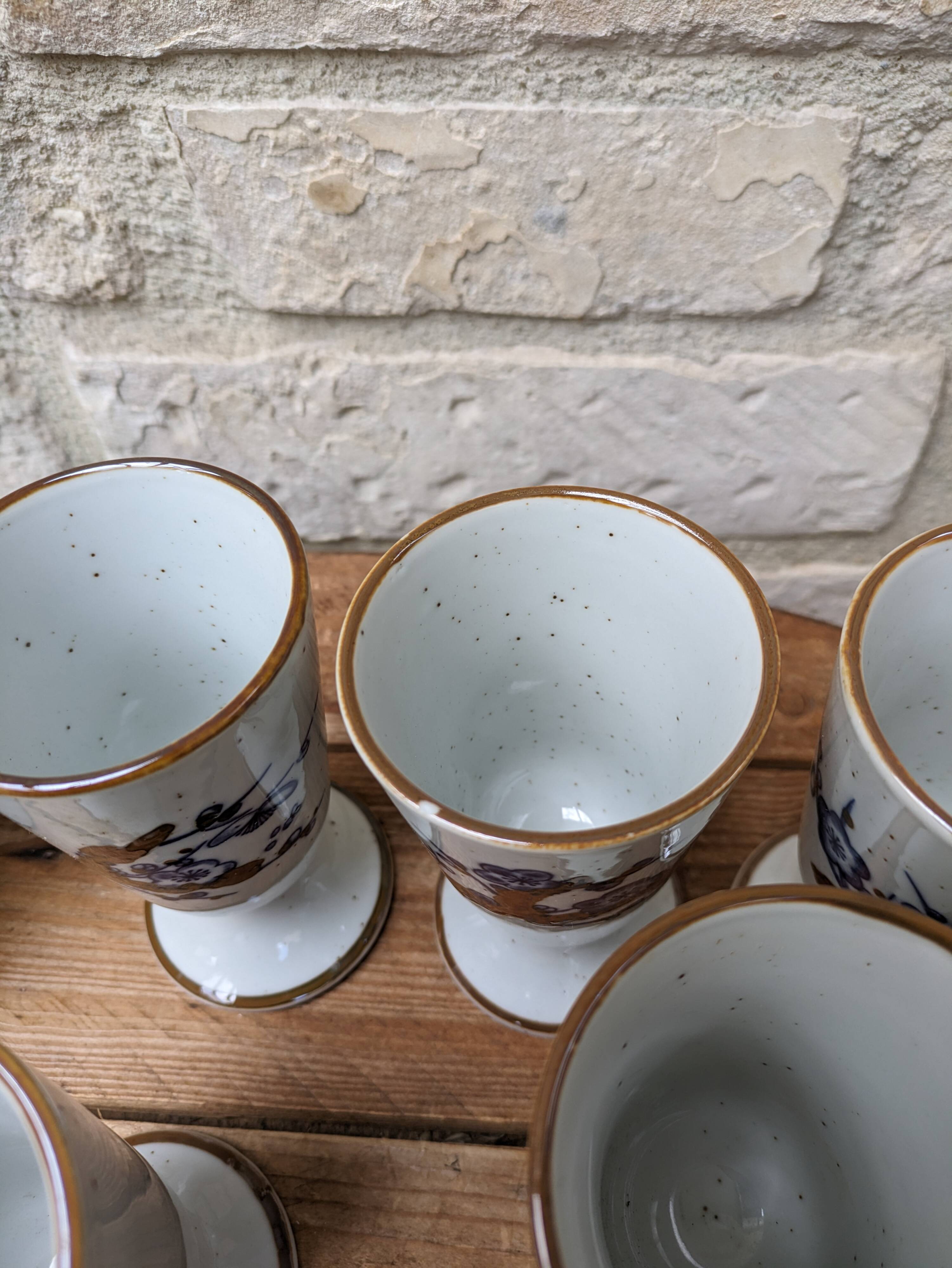Old coffee service with 6 mazagrans and coffee pot with blue floral decoration