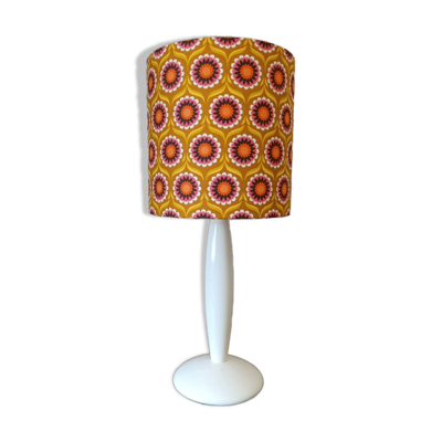 lampe vintage bois blanc Abat-jour seventies fleurs graphiques
