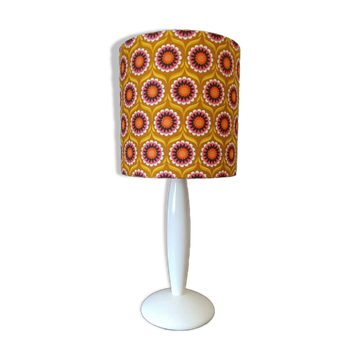 vintage white wood lamp with a seventies graphic flower shade
