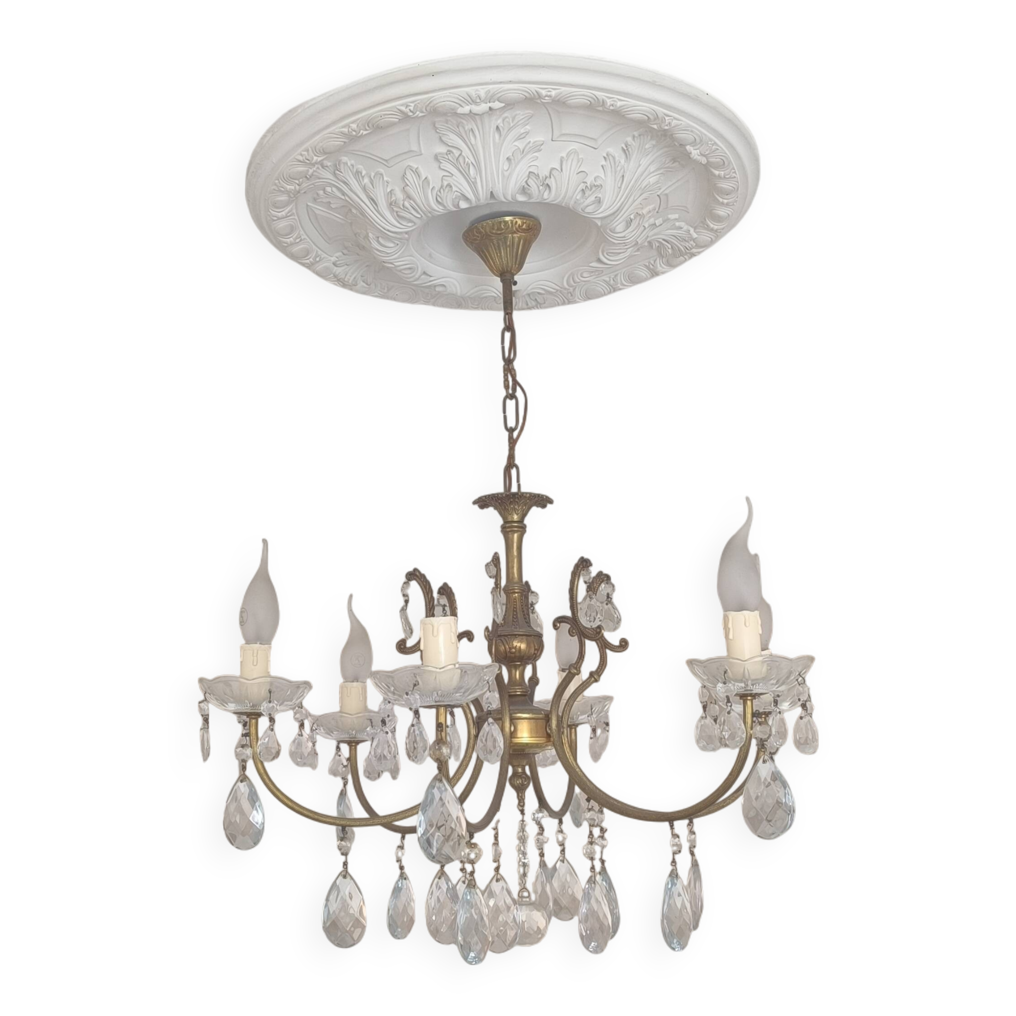 Vintage brass and crystal pendant chandelier with 6 lights
