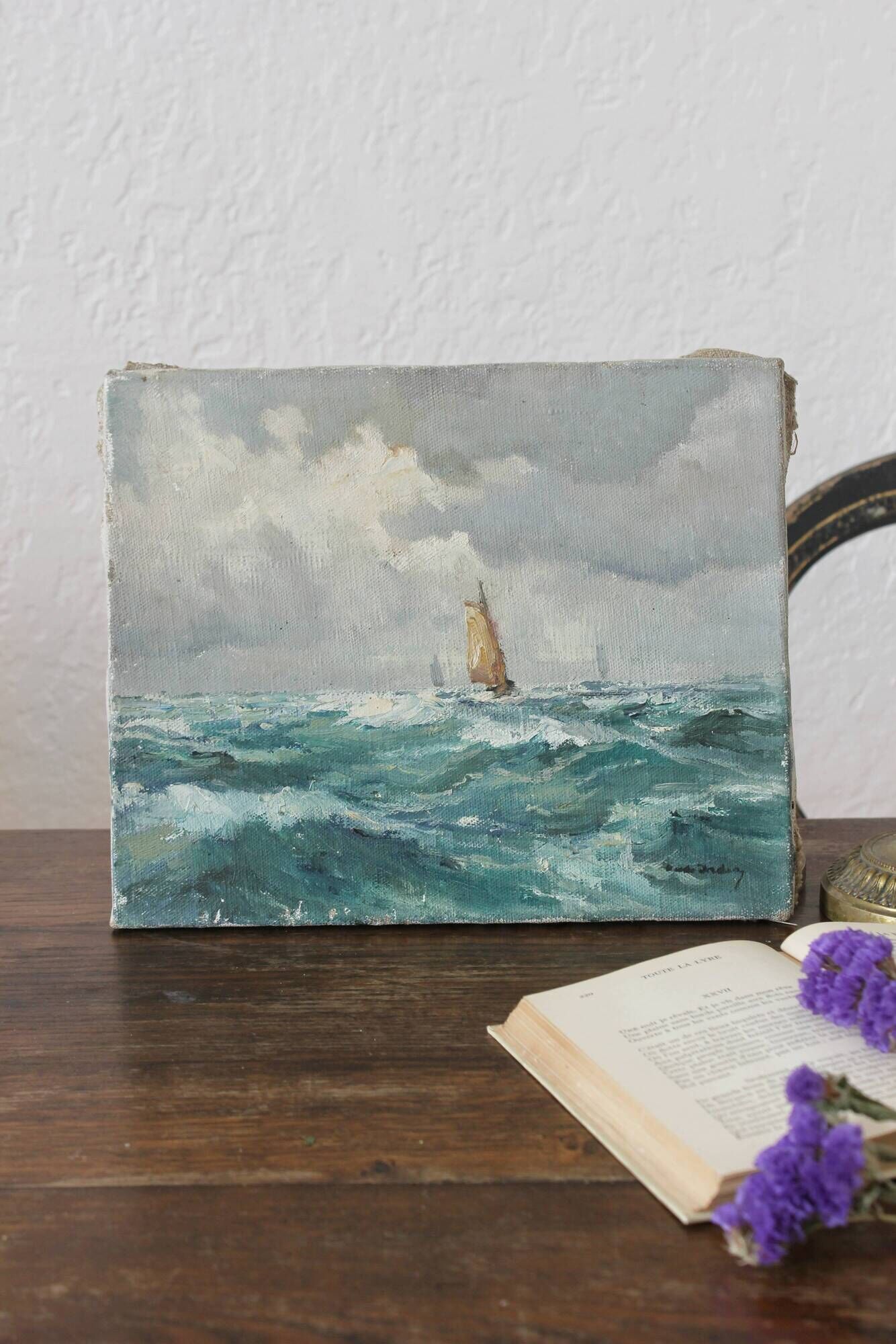 Old painting oil on marine canvas signed, early twentieth century