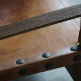 Pair of Spanish brutalist armchairs from the 1960s, wood and leather.