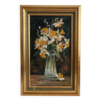 Old oil painting on canvas bouquet of daffodil flowers dated 1928