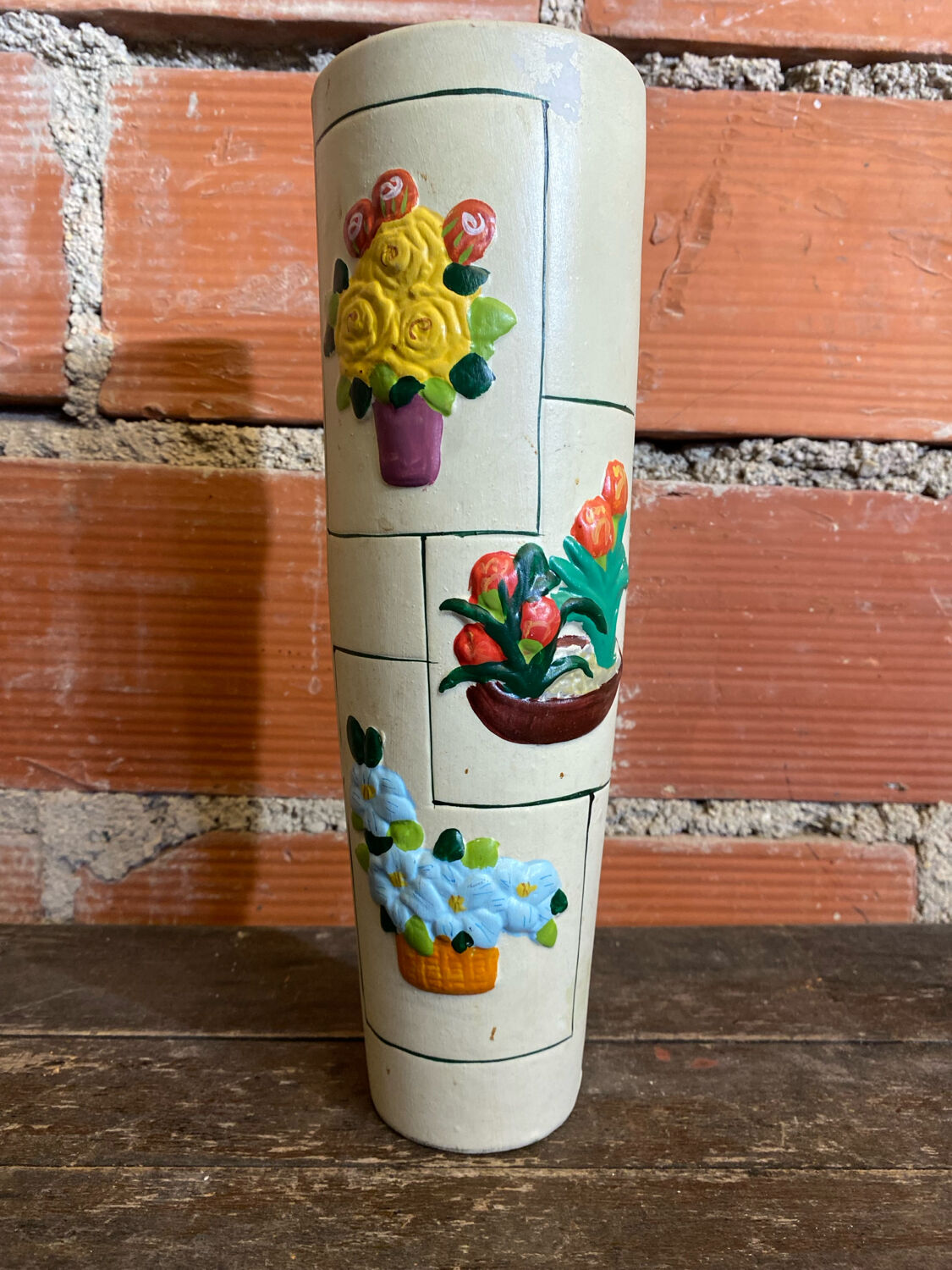 Old Rolled Vase Beige Ceramic Polychrome Flower Decor Vintage #D