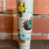 Old Rolled Vase Beige Ceramic Polychrome Flower Decor Vintage #D