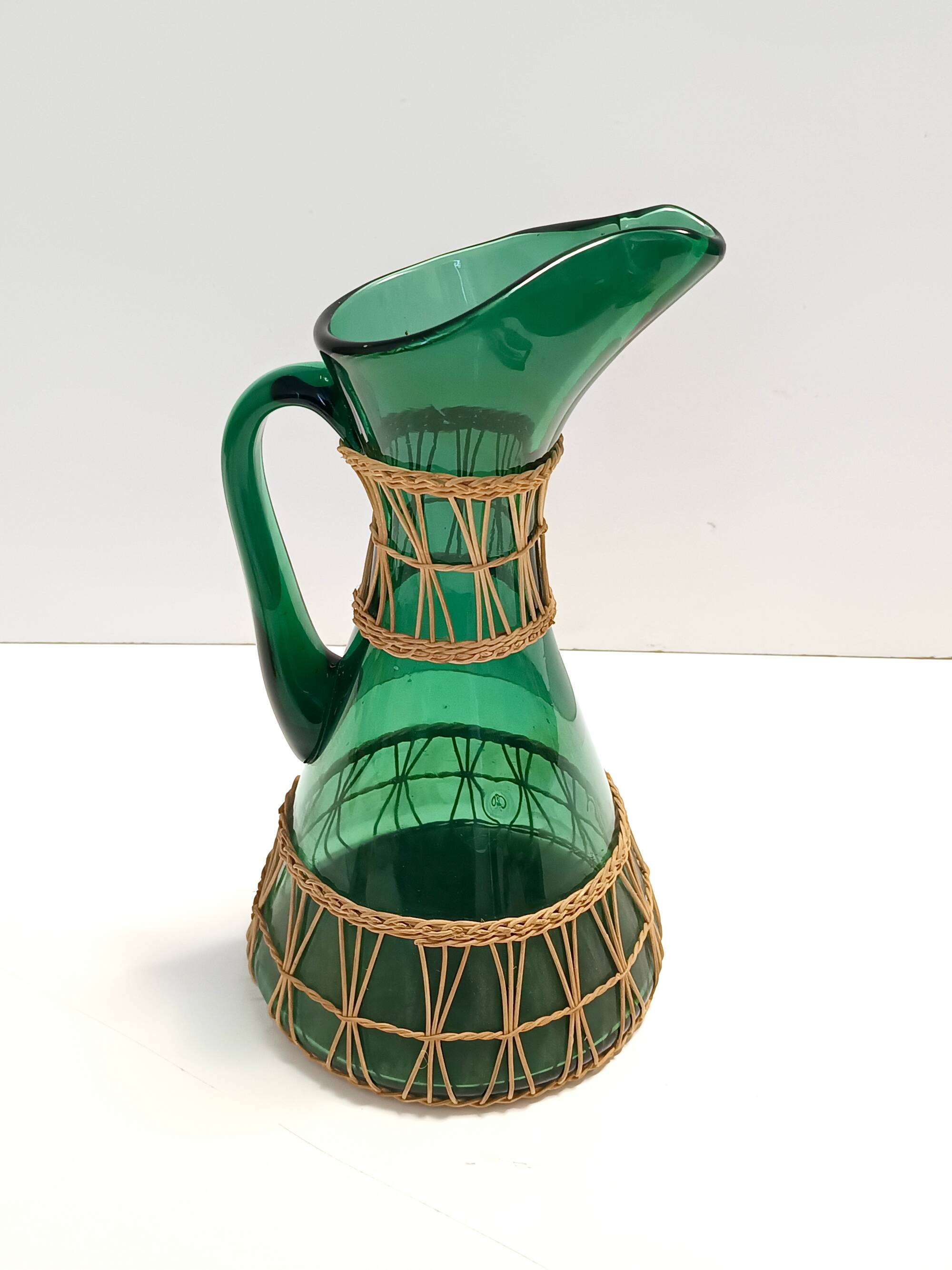 Green Hand Blown Glass and Wicker Jug / Vase, Empoli, Italy