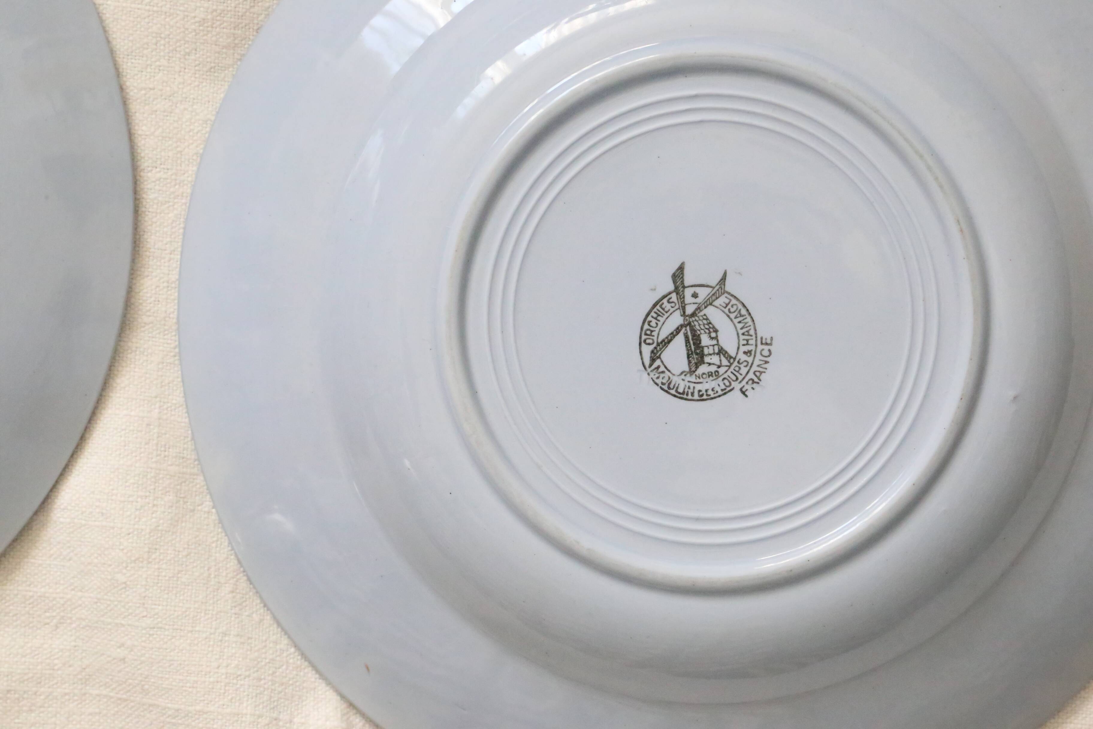 Set of 4 Moulin des Loups soup plates, vintage French, rustic