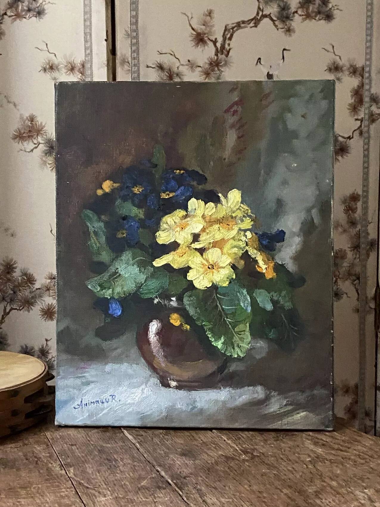 Old painting primroses signed Rinat Animaev – Russian school – oil on