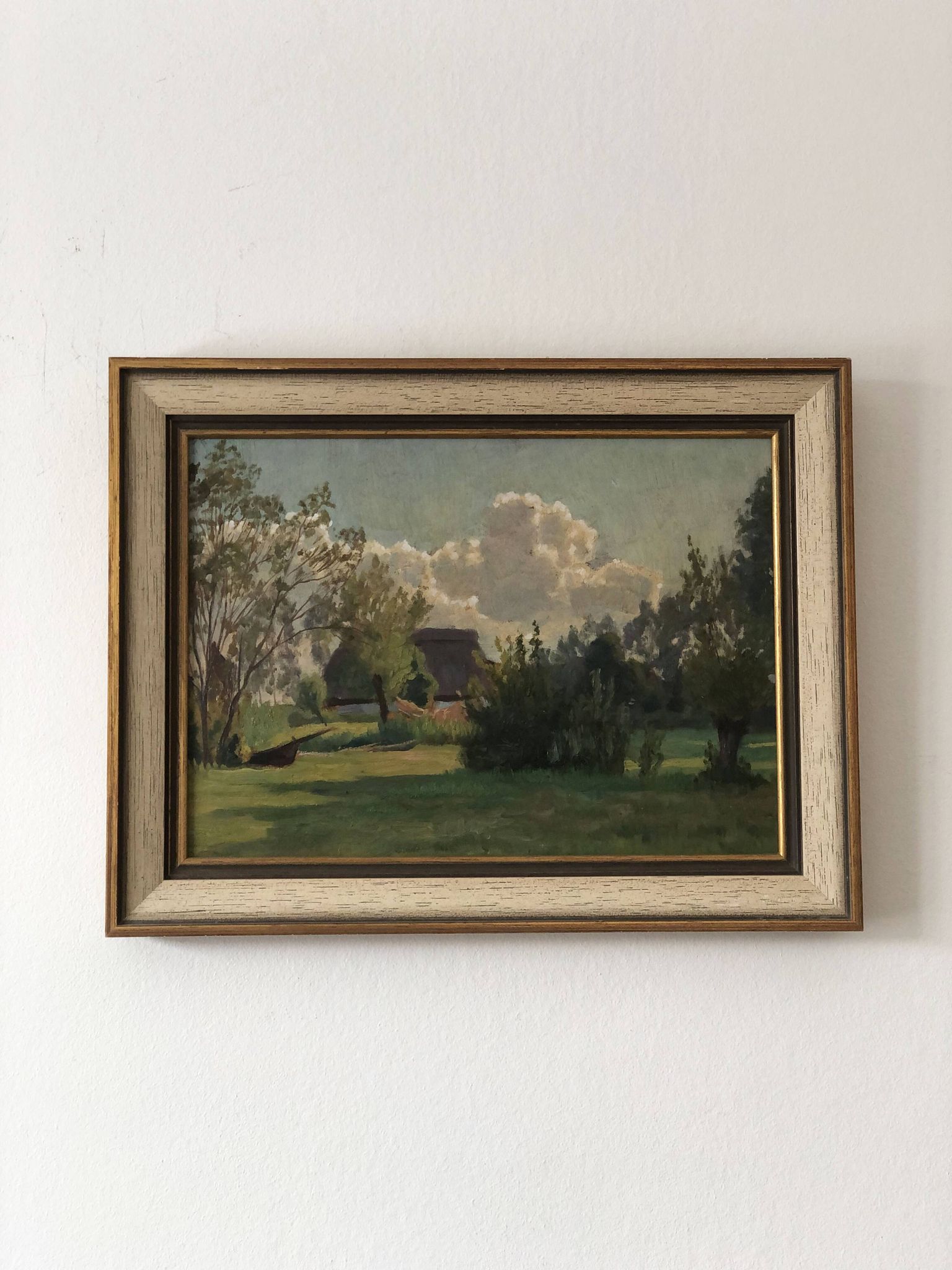 Vintage Original Landscape Oil Painting: Framed Countryside Cottage Art