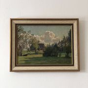 Vintage Original Landscape Oil Painting: Framed Countryside Cottage Art