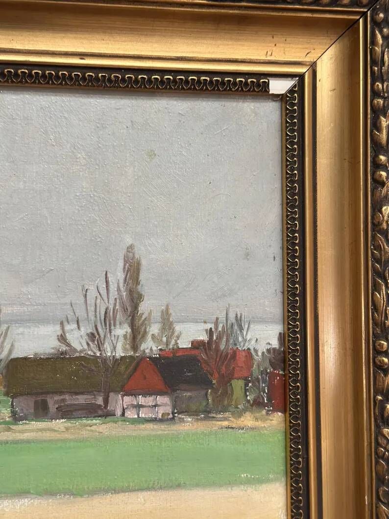 Original Swedish Oil on Panel – “Red Cottages” by Unknown Artist– Signed – Vintage & Framed – 48 × 40 cm (18.8" × 15.7")