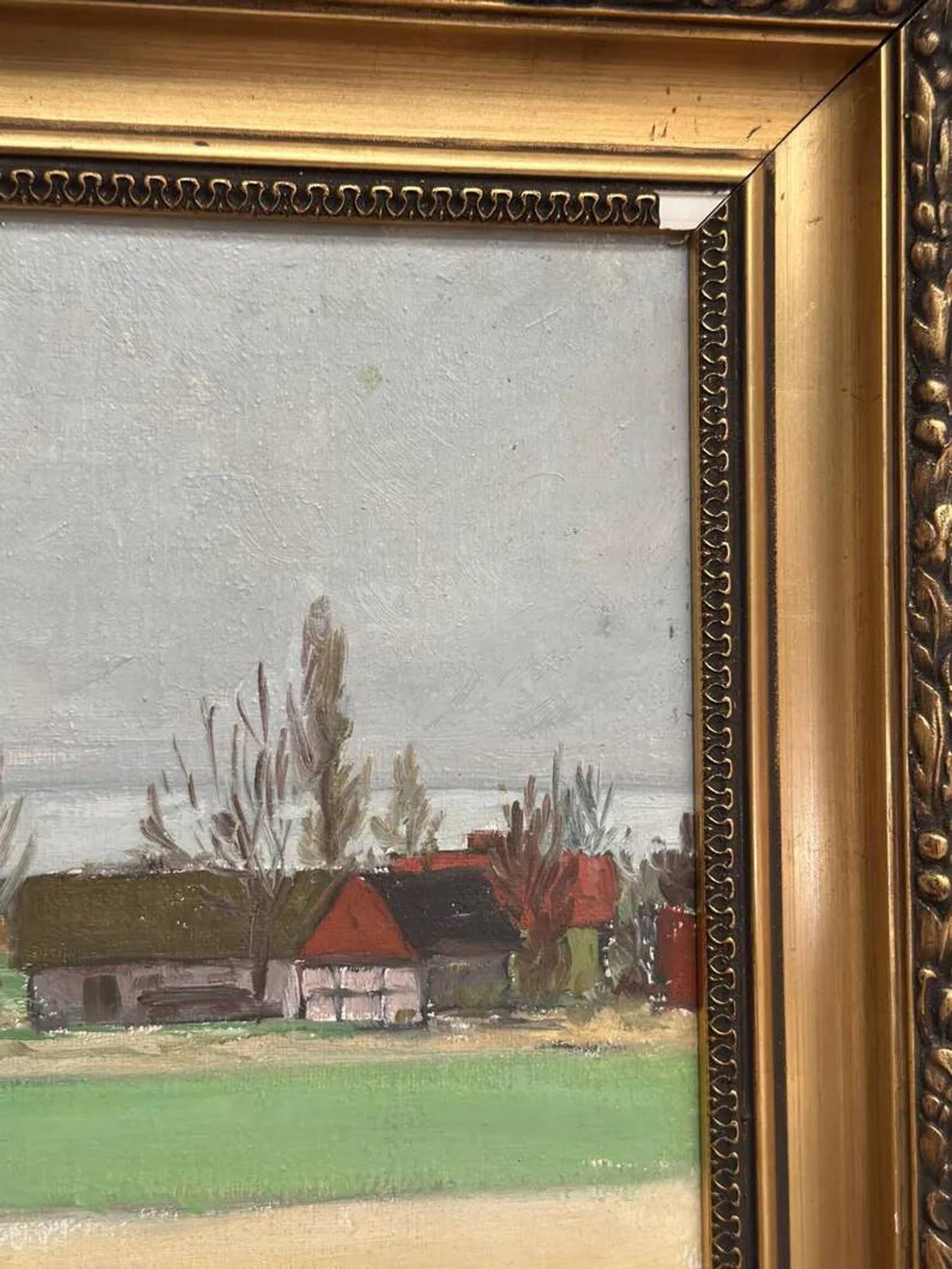Original Swedish Oil on Panel – “Red Cottages” by Unknown Artist– Signed – Vintage & Framed – 48 × 40 cm (18.8" × 15.7")